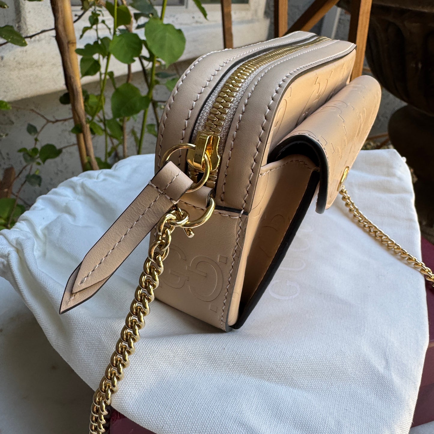 Gucci Calfskin GG Super Mini Debossed Chain Wallet Crossbody