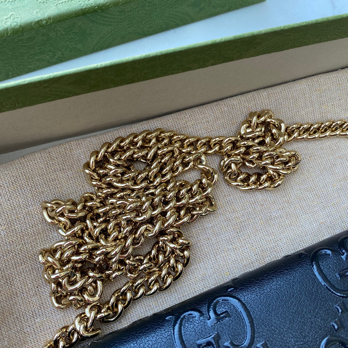 Gucci Full Flap Wallet on Chain GG Embossed Leather Crossbody