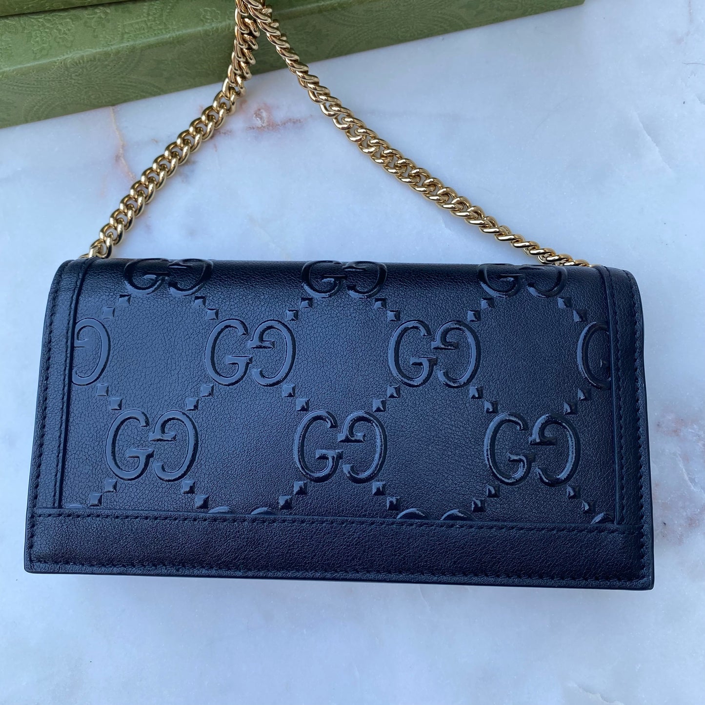 Gucci Full Flap Wallet on Chain GG Embossed Leather Crossbody