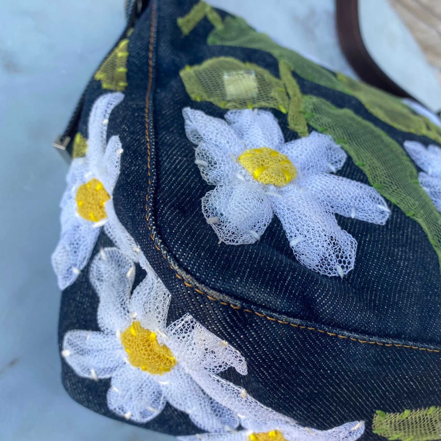 Fendi Denim Flower Mama Baguette Shoulder Bag