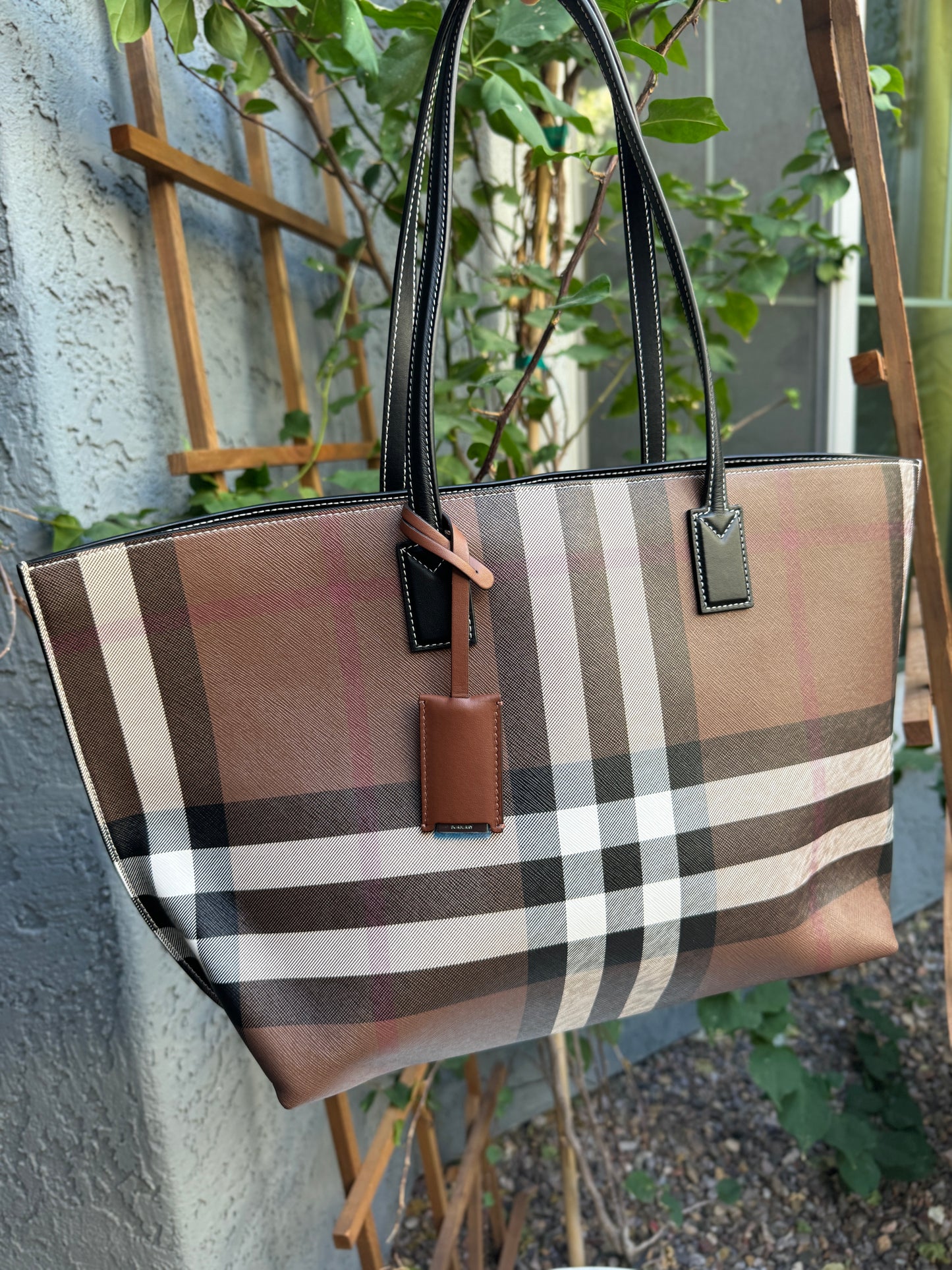 Burberry Dark Birch Brown Check and Leather Medium Tote