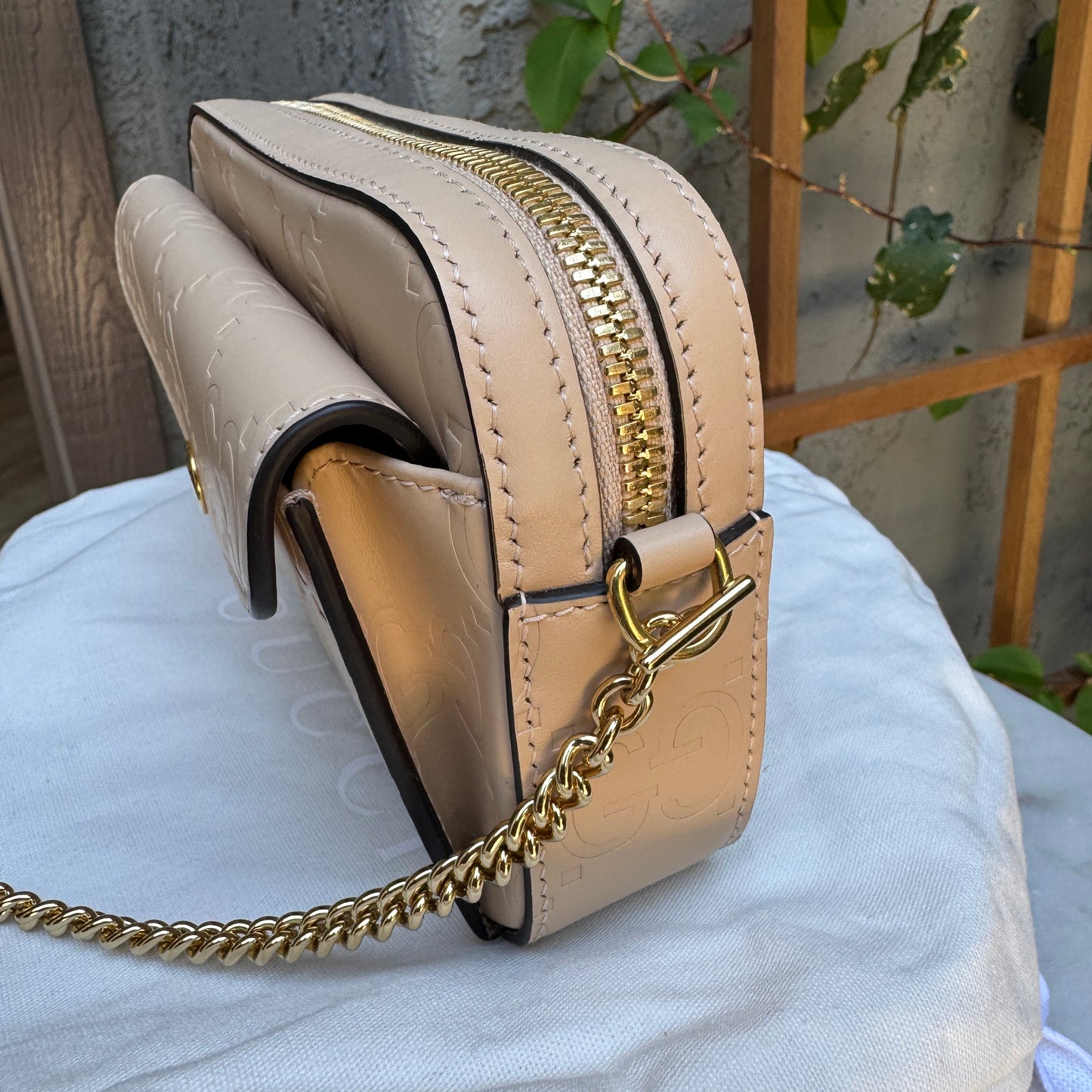 Gucci Calfskin GG Super Mini Debossed Chain Wallet Crossbody