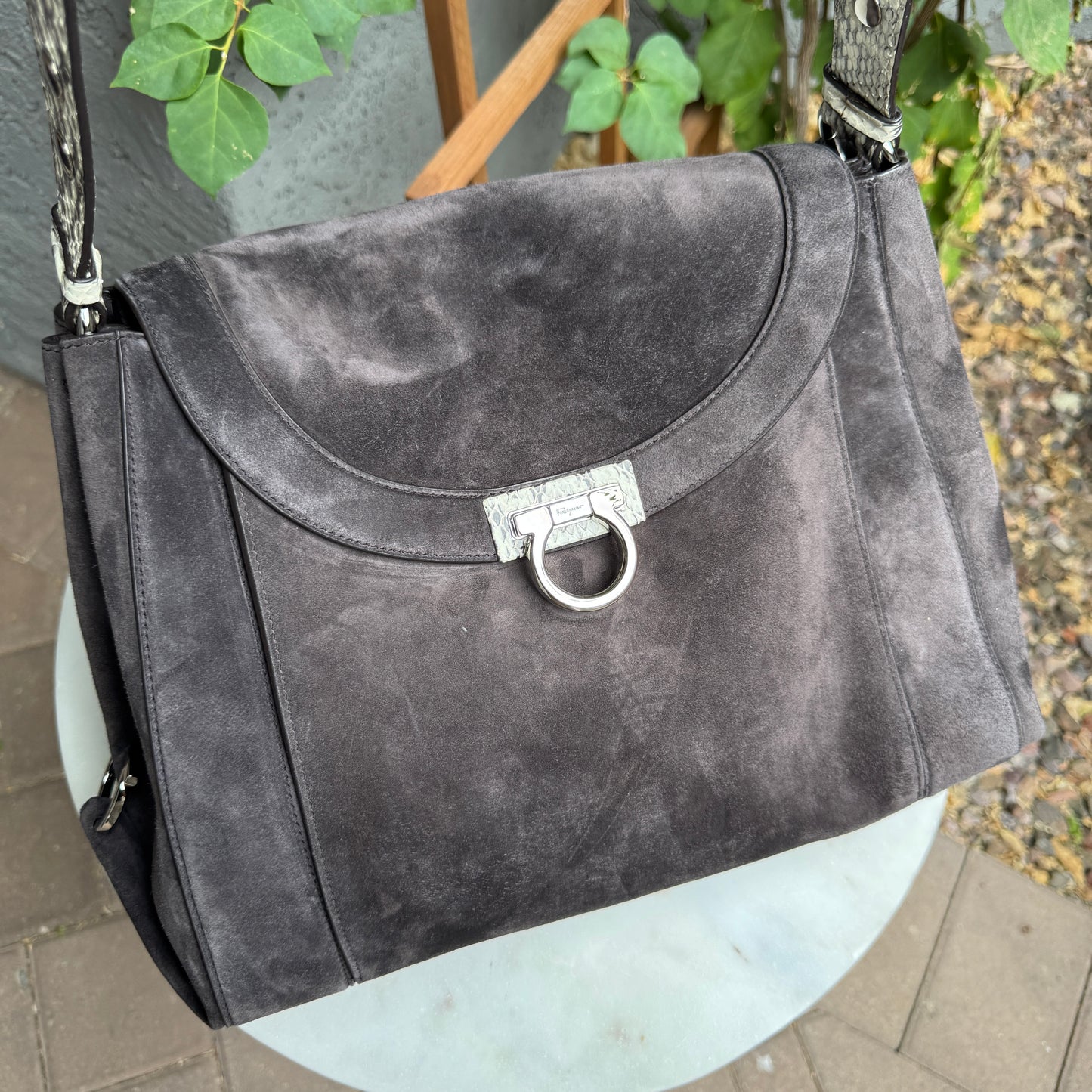 Ferragamo Suede and Python Shoulder Bag