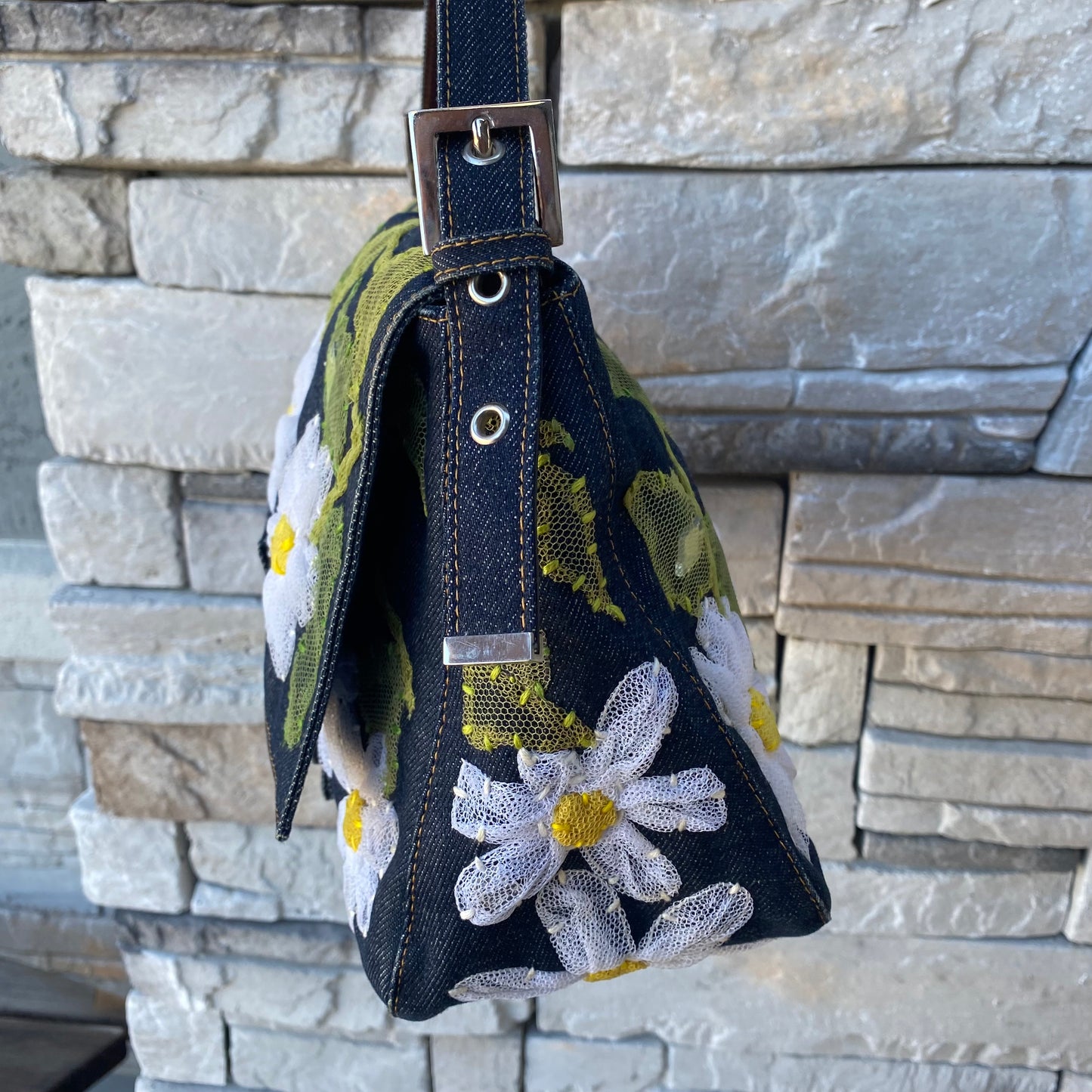Fendi Denim Flower Mama Baguette Shoulder Bag