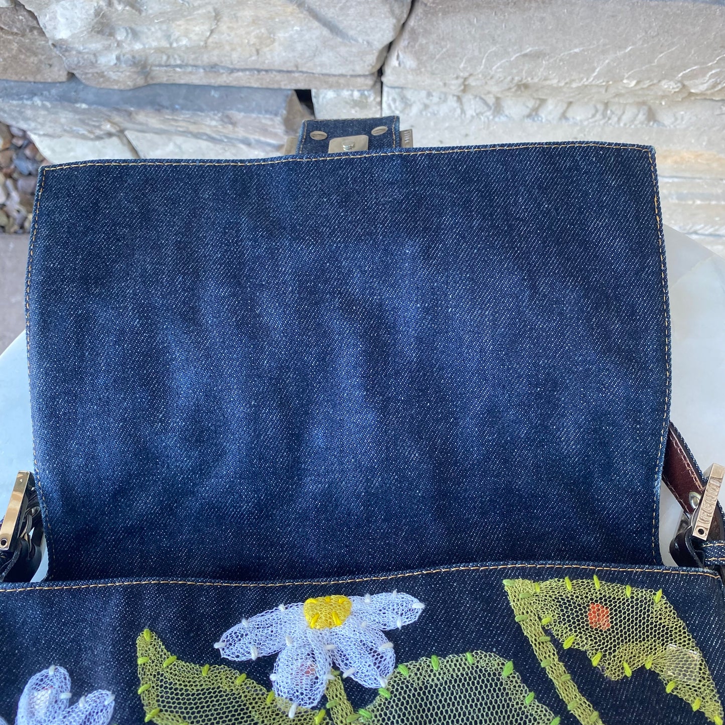 Fendi Denim Flower Mama Baguette Shoulder Bag