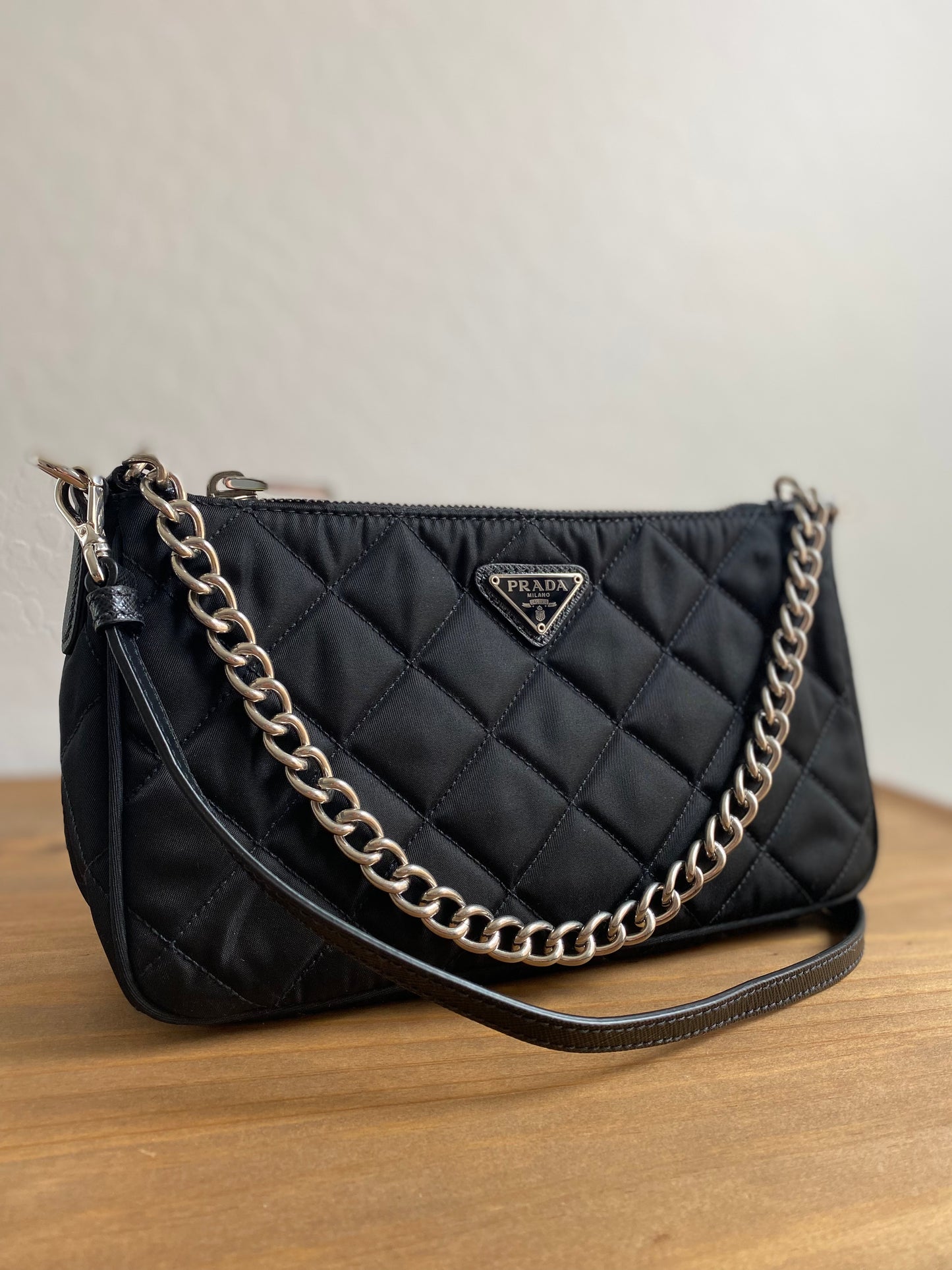 Prada Nylon Quilted Convertible Pochette Chain Crossbody