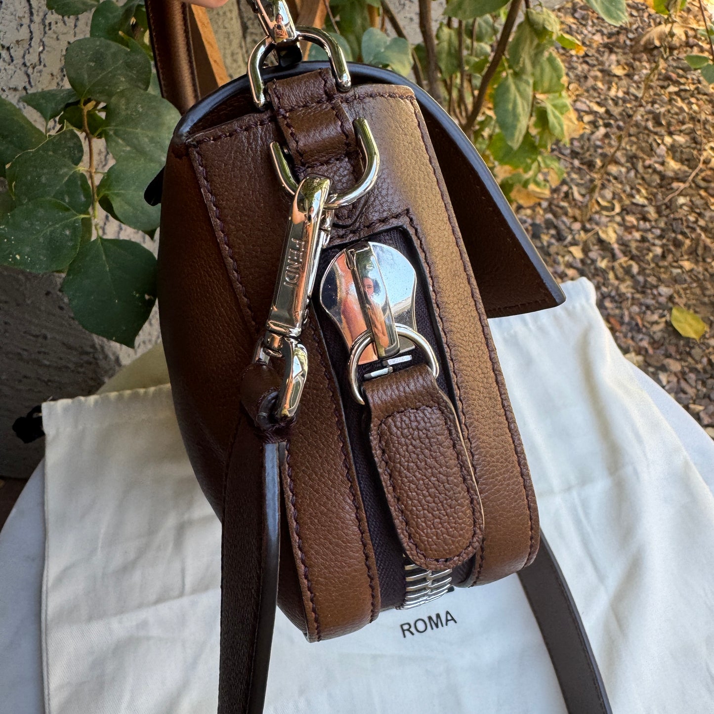 Fendi Leather Baguette Zipper Crossbody