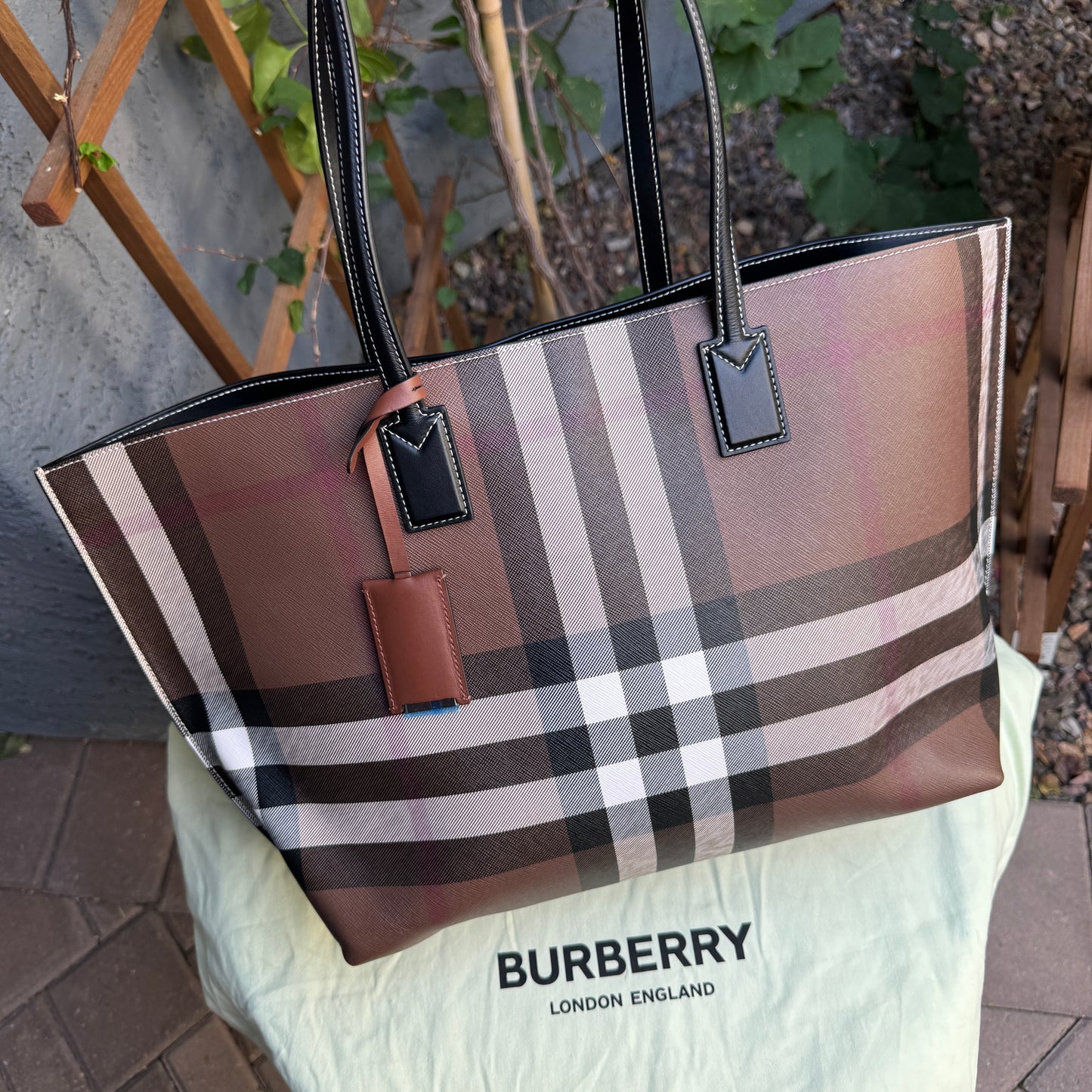 Burberry Dark Birch Brown Check and Leather Medium Tote