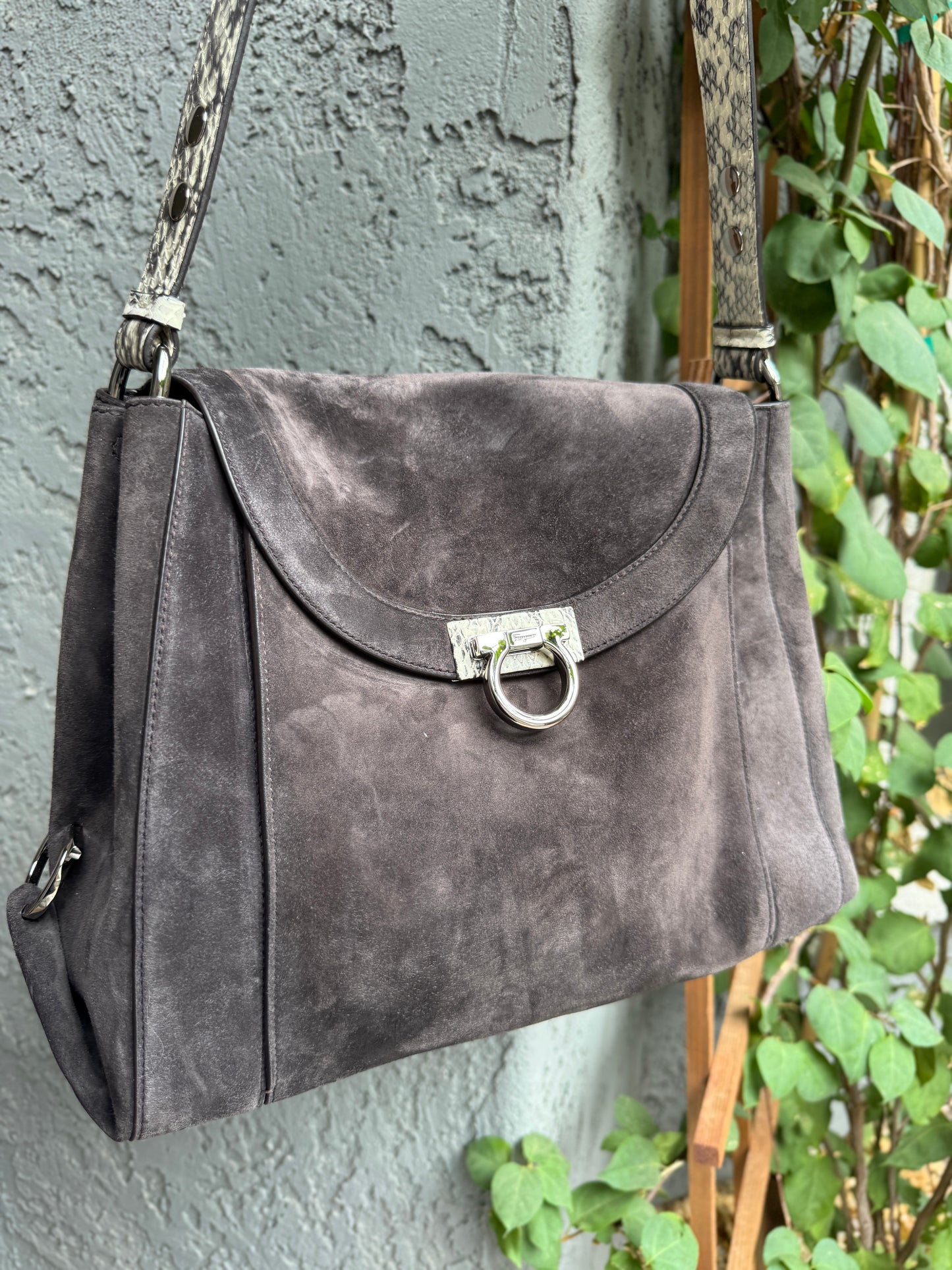 Ferragamo Suede and Python Shoulder Bag