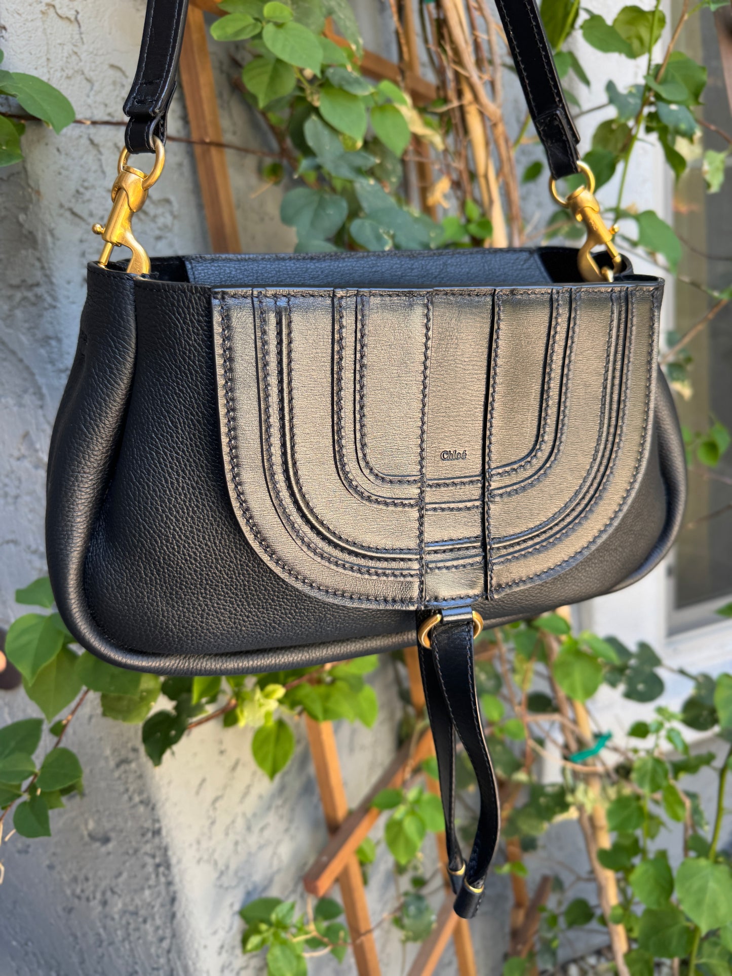 Chloé Shiny Grained Calfskin Marcie Clutch Shoulder Bag