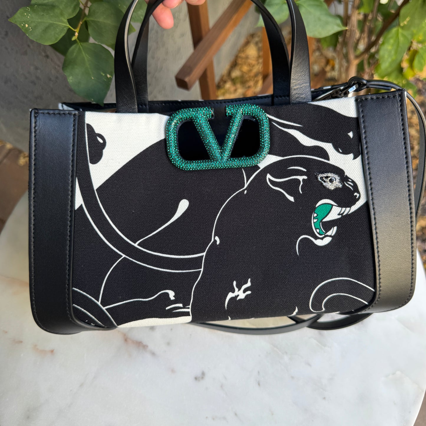 Valentino Garavani Canvas Panther Calfskin Crystal Small Vlogo Signature Tote