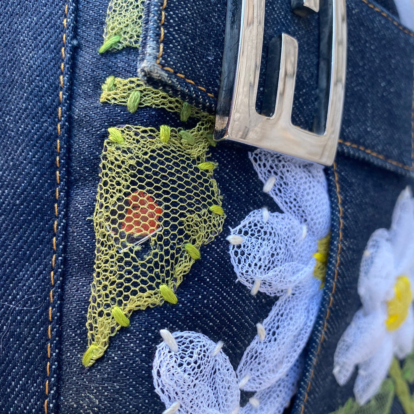 Fendi Denim Flower Mama Baguette Shoulder Bag