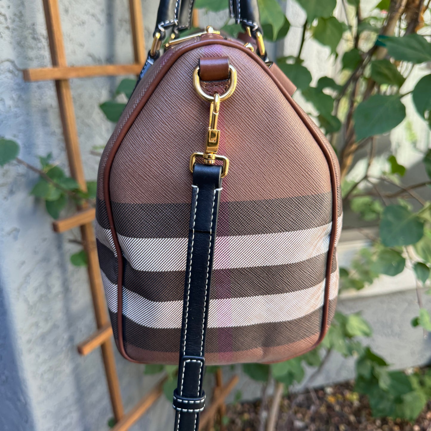 Burberry Dark Birch Brown Check and Leather Medium Bowling Bag