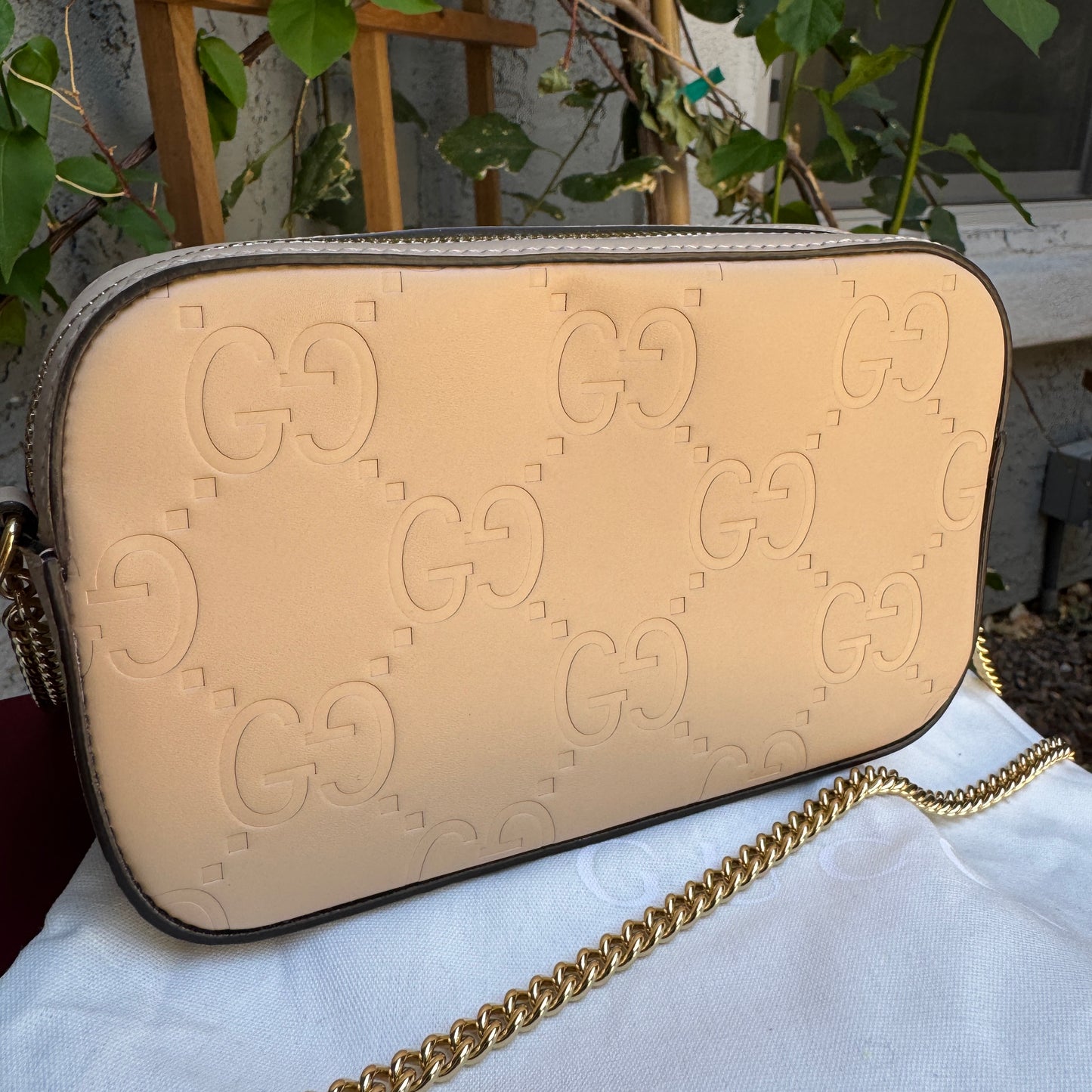 Gucci Calfskin GG Super Mini Debossed Chain Wallet Crossbody
