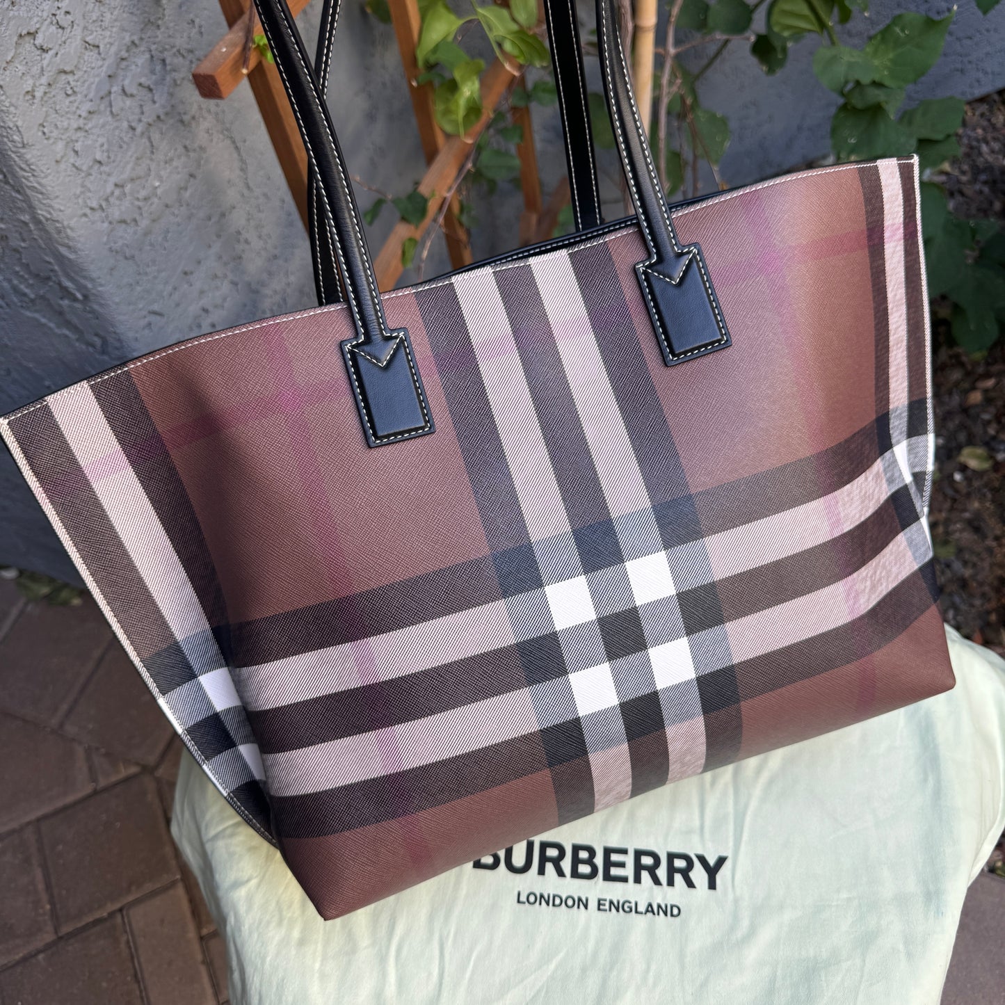 Burberry Dark Birch Brown Check and Leather Medium Tote
