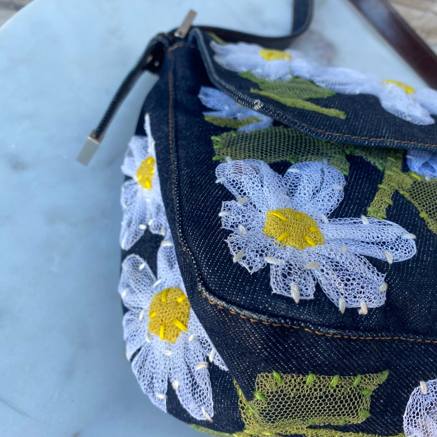 Fendi Denim Flower Mama Baguette Shoulder Bag