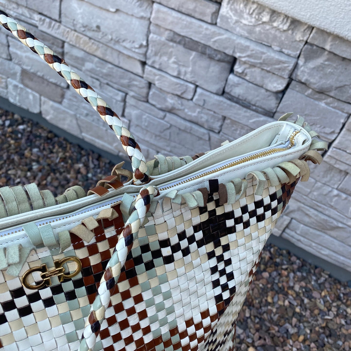 Salvatore Ferragamo Gancini Intrecciato Woven Leather Tote