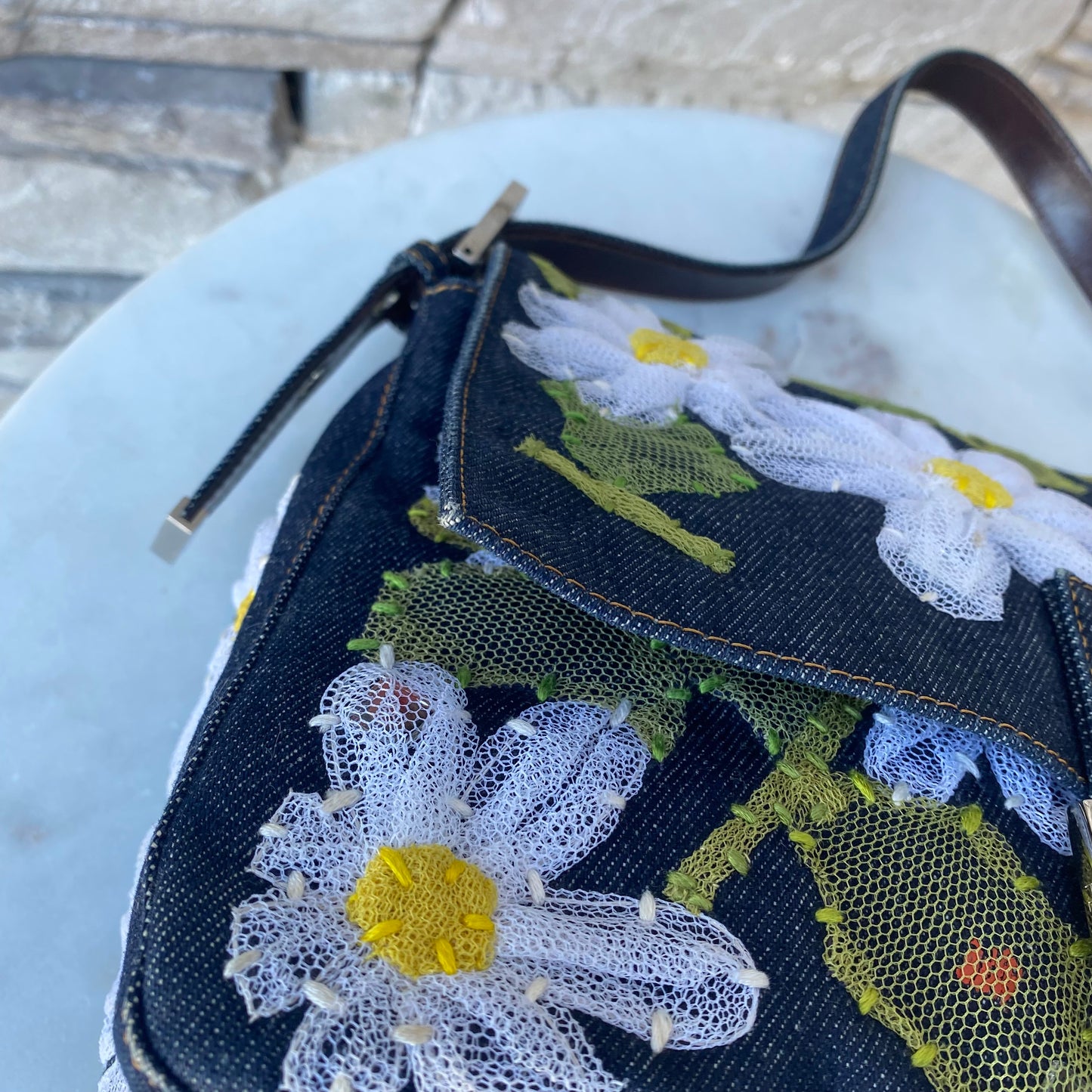 Fendi Denim Flower Mama Baguette Shoulder Bag
