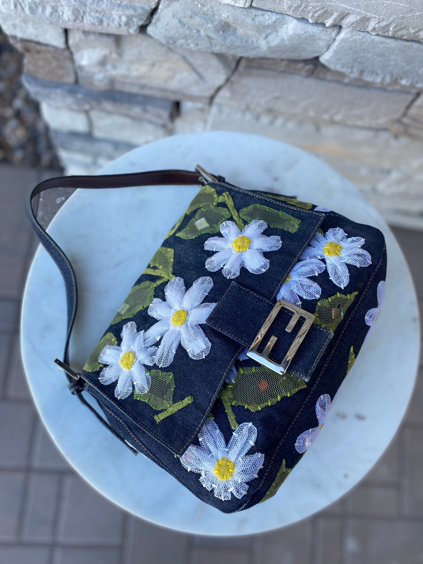 Fendi Denim Flower Mama Baguette Shoulder Bag