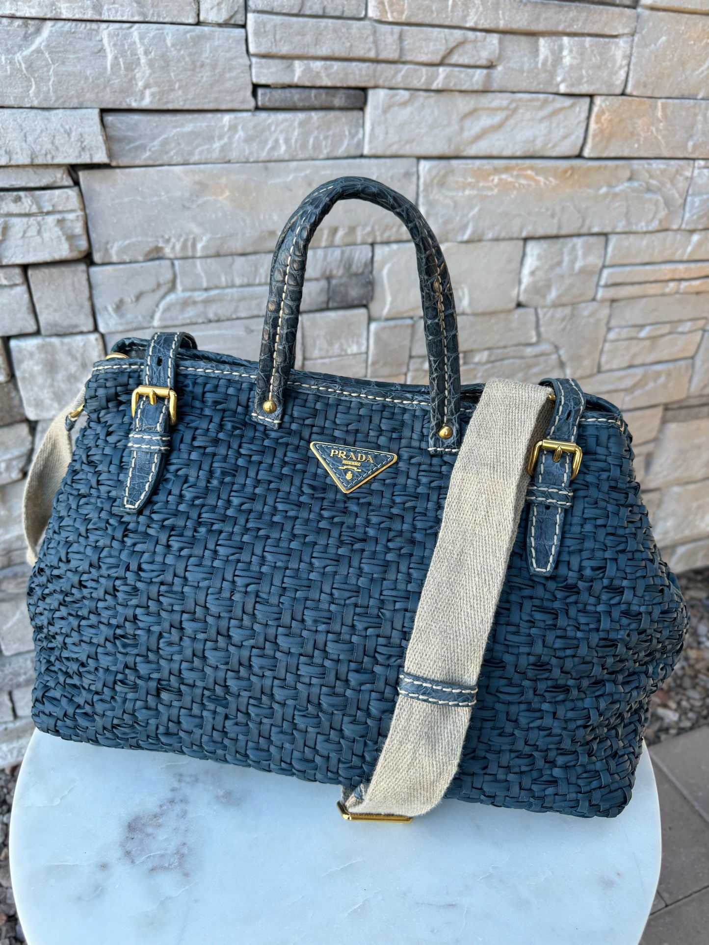 Prada Coccodrillo-Trimmed Tessuto Weave Handle Bag