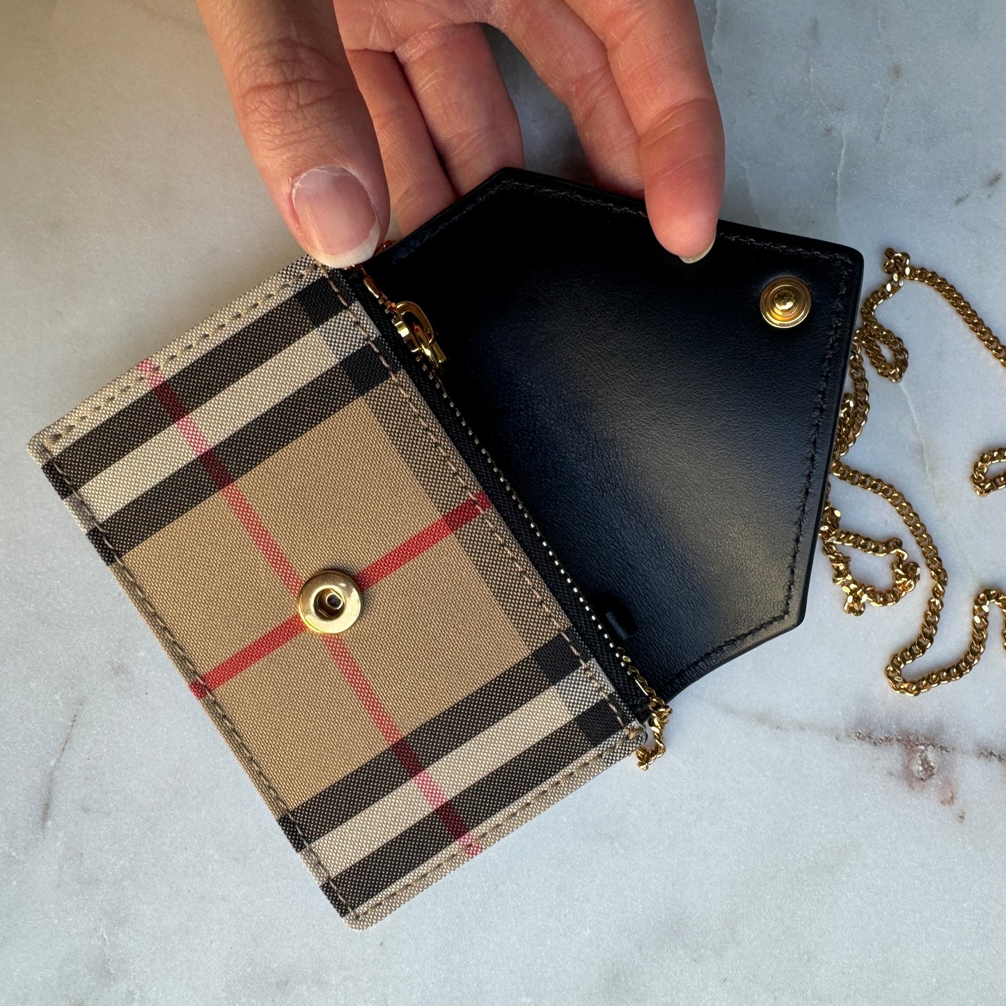 Burberry Vintage Check Grainy Leather Envelope Cardholder on Chain