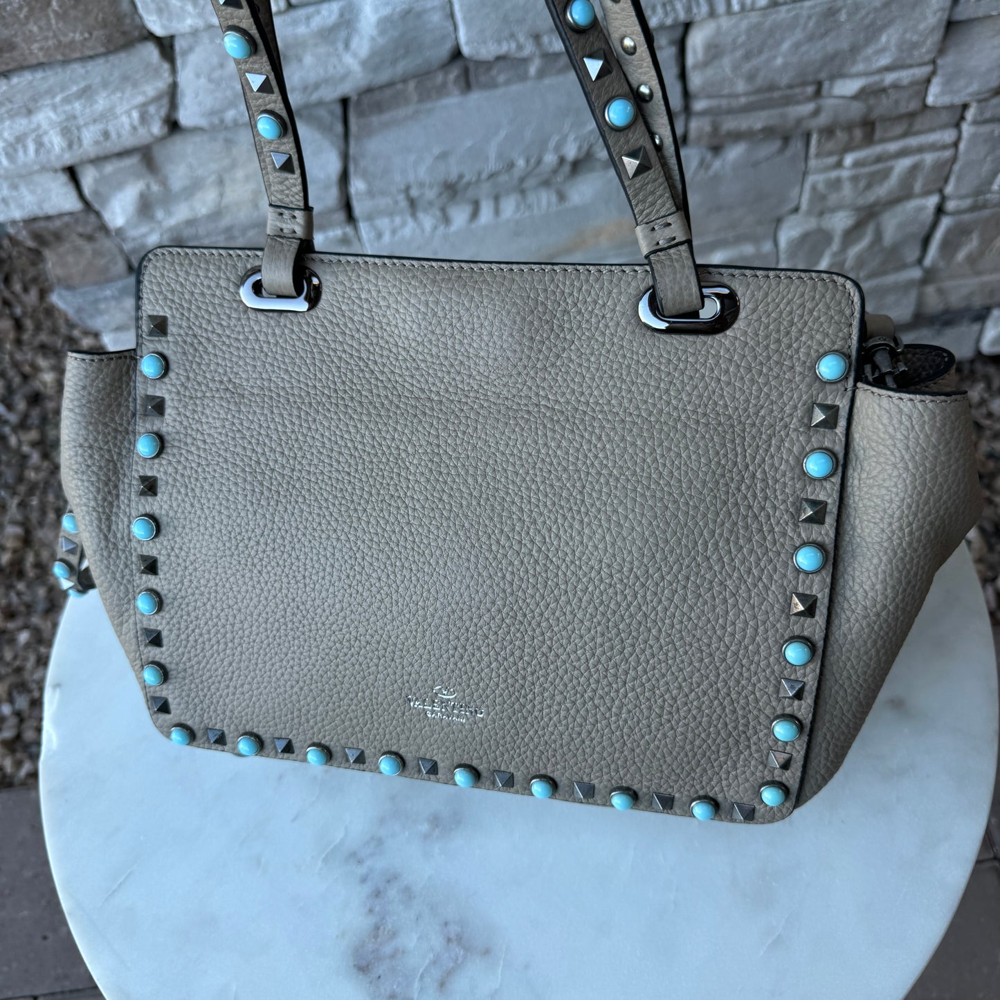 Valentino Garavani Rolling Turquoise Rockstud Tote