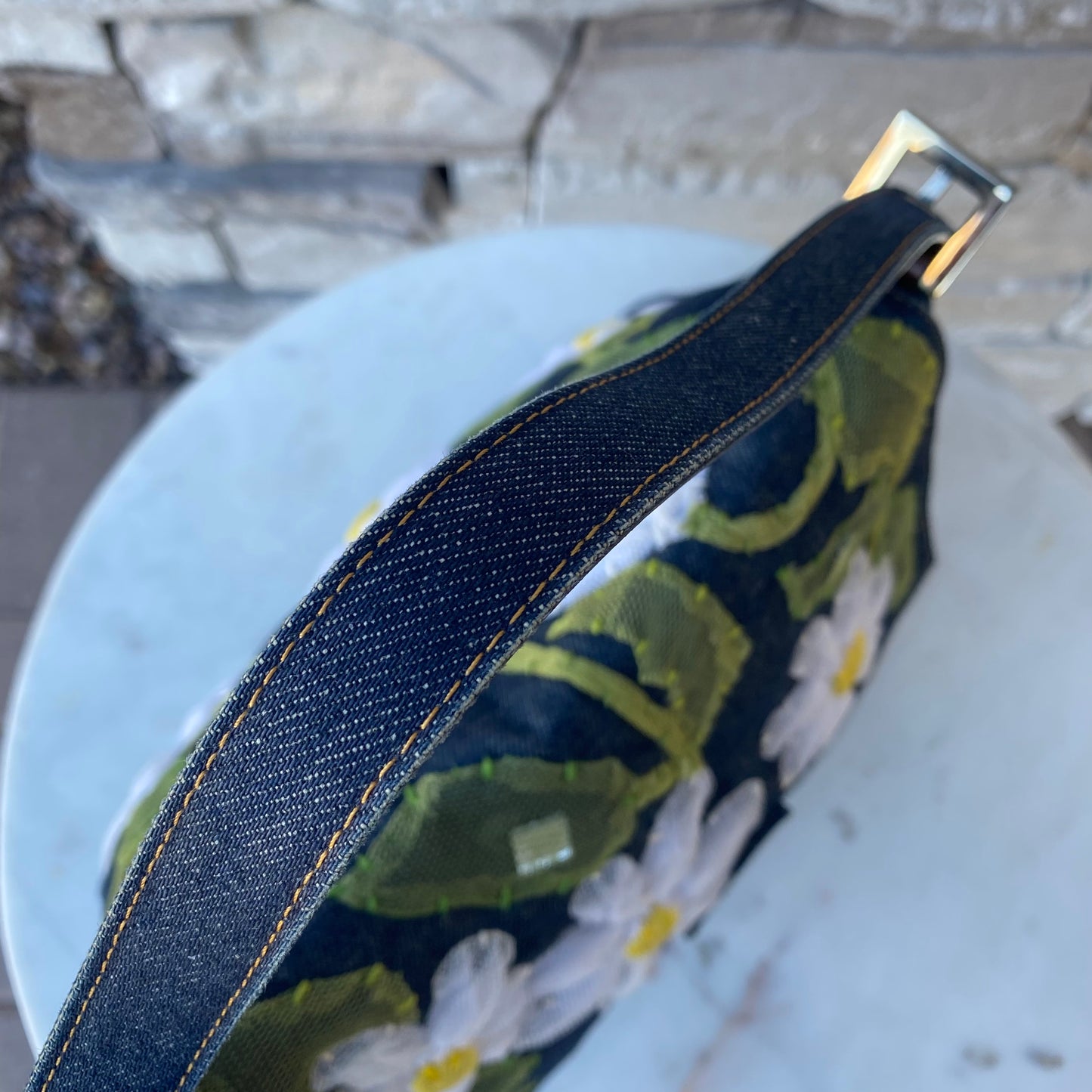 Fendi Denim Flower Mama Baguette Shoulder Bag