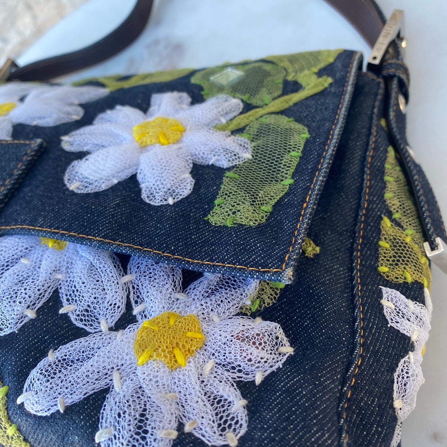 Fendi Denim Flower Mama Baguette Shoulder Bag