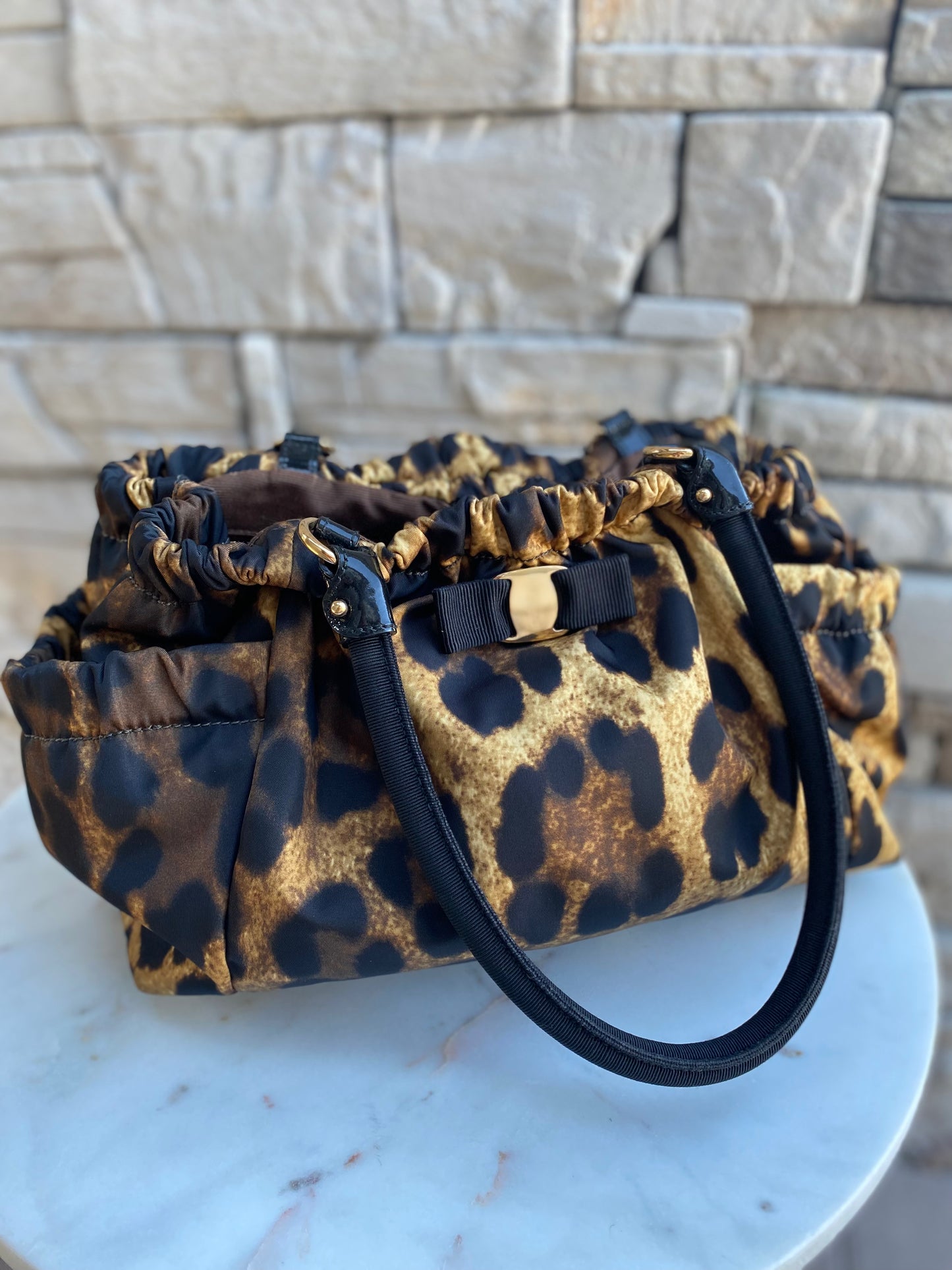 Salvatore Ferragamo Nylon Grosgrain Trim Vara Bow Leopard Shoulder Bag