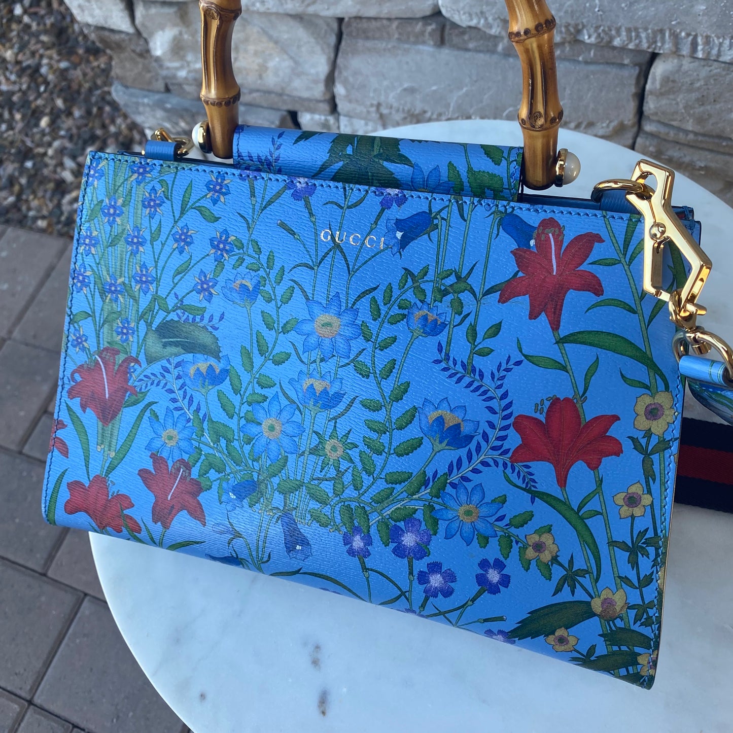 Gucci Nymphaea Top Handle Bag Floral Printed Leather Shoulder Bag