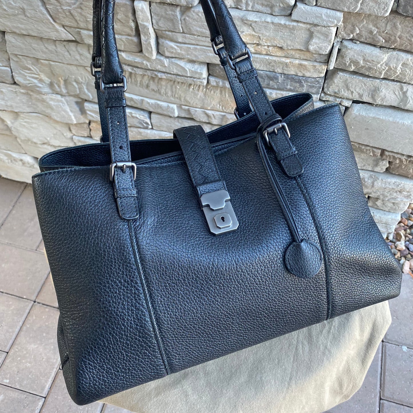 Bottega Veneta Roma Triple-Compartment Pebbled Leather Intrecciato Tote Bag
