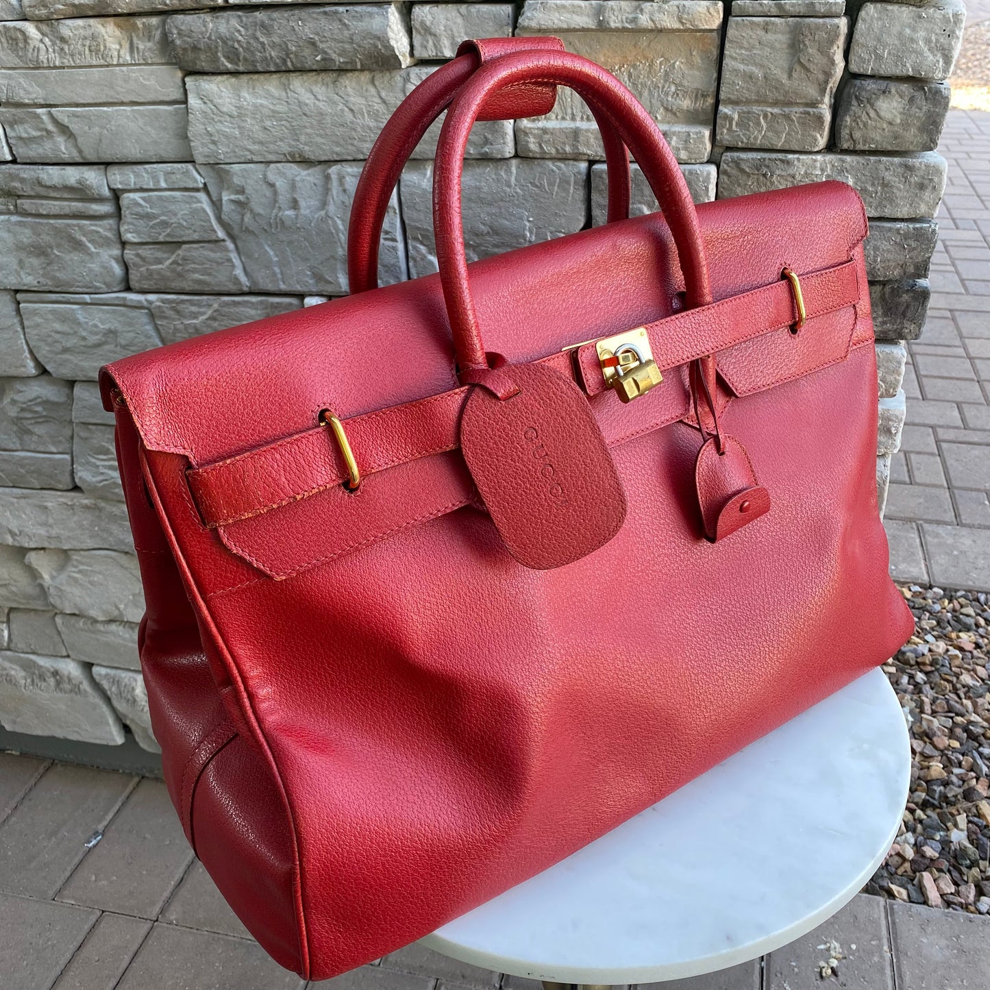 Gucci Large Leather Vintage Birkin Style Top Handle Bag