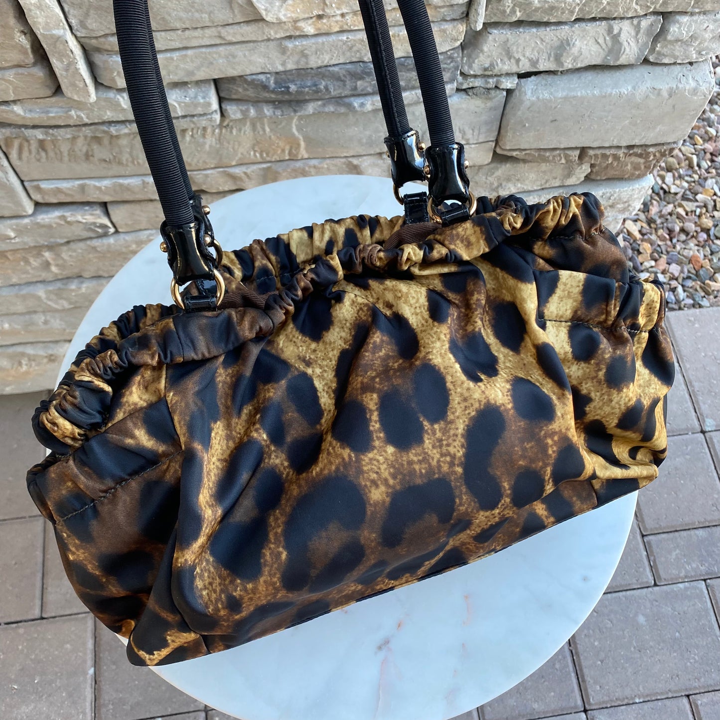 Salvatore Ferragamo Nylon Grosgrain Trim Vara Bow Leopard Shoulder Bag