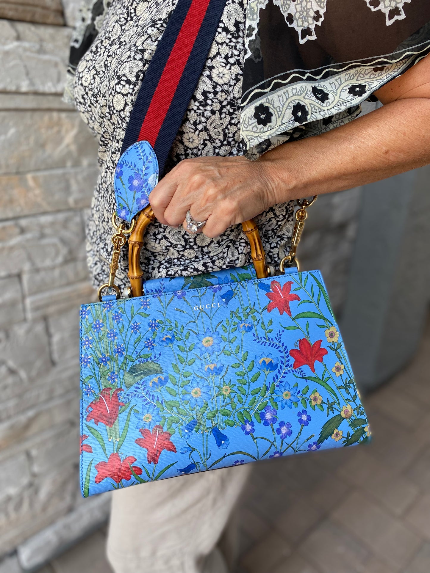 Gucci Nymphaea Top Handle Bag Floral Printed Leather Shoulder Bag