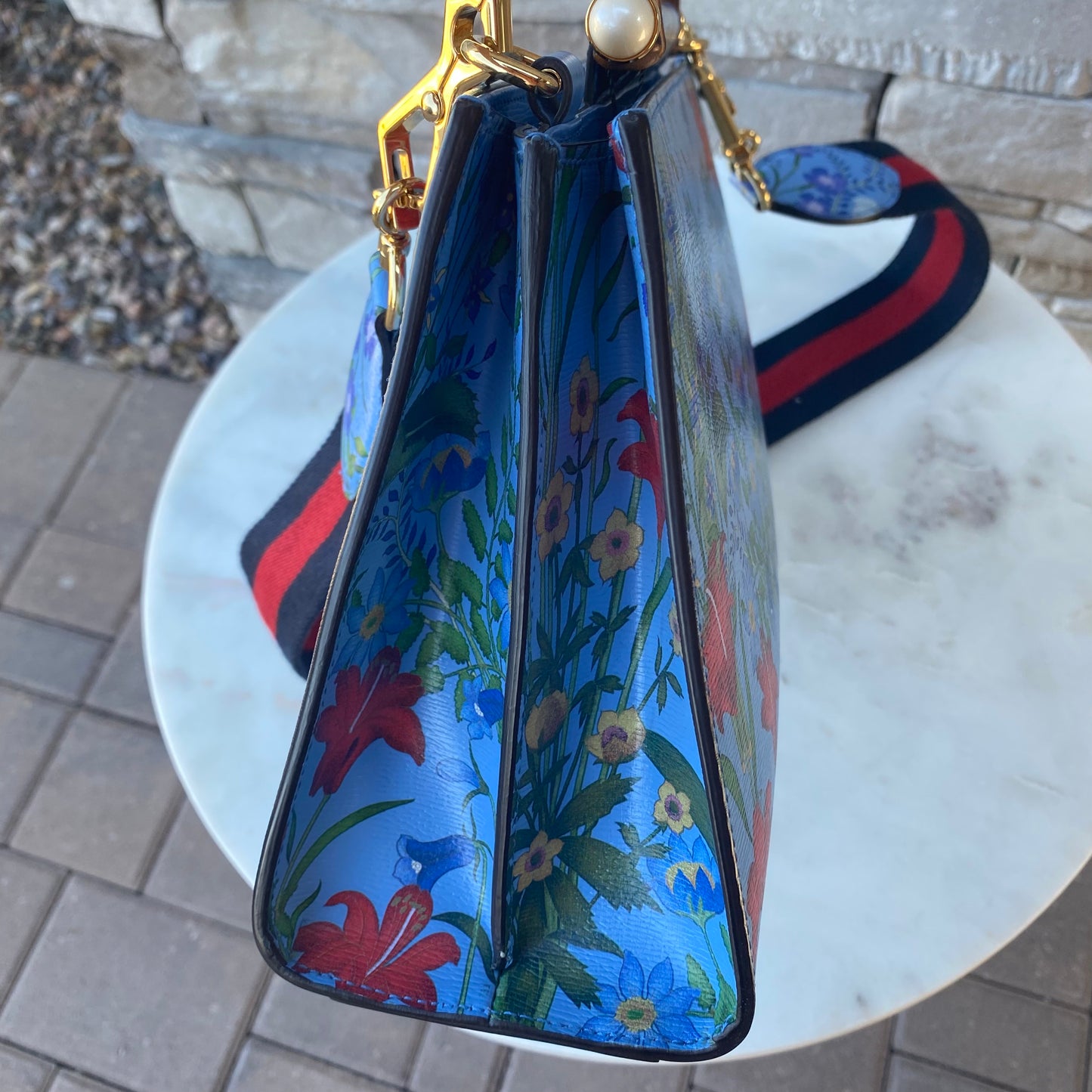 Gucci Nymphaea Top Handle Bag Floral Printed Leather Shoulder Bag