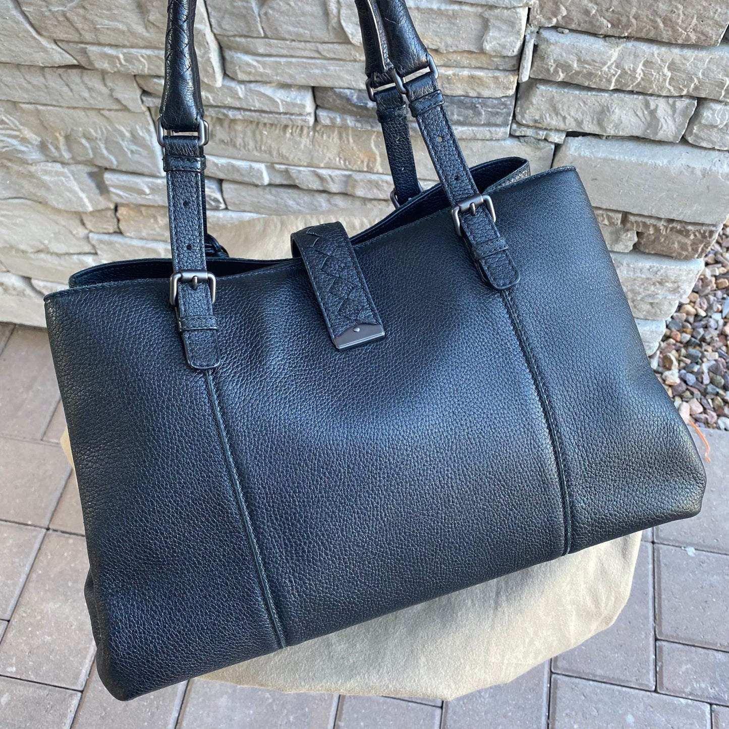 Bottega Veneta Roma Triple-Compartment Pebbled Leather Intrecciato Tote Bag