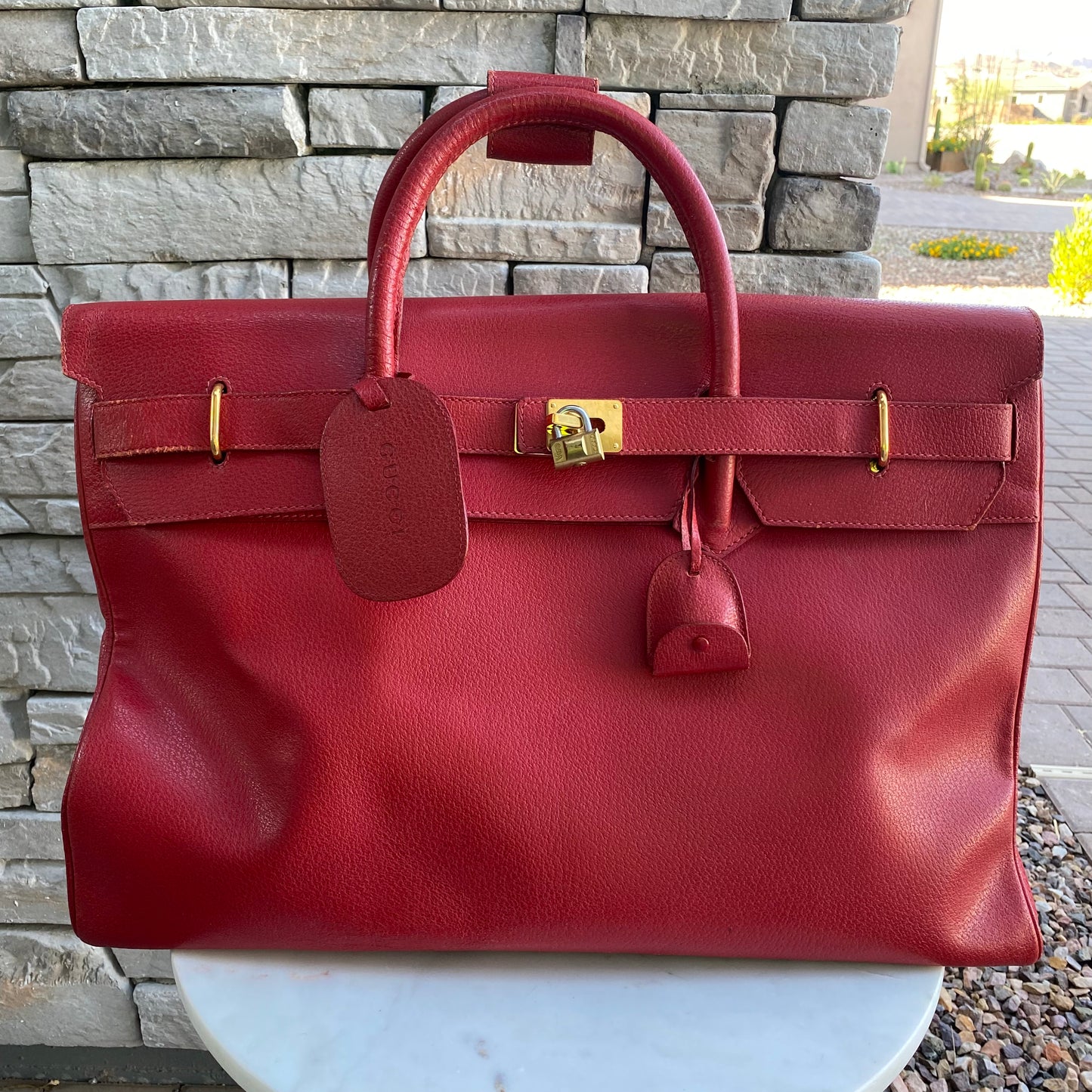 Gucci Large Leather Vintage Birkin Style Top Handle Bag