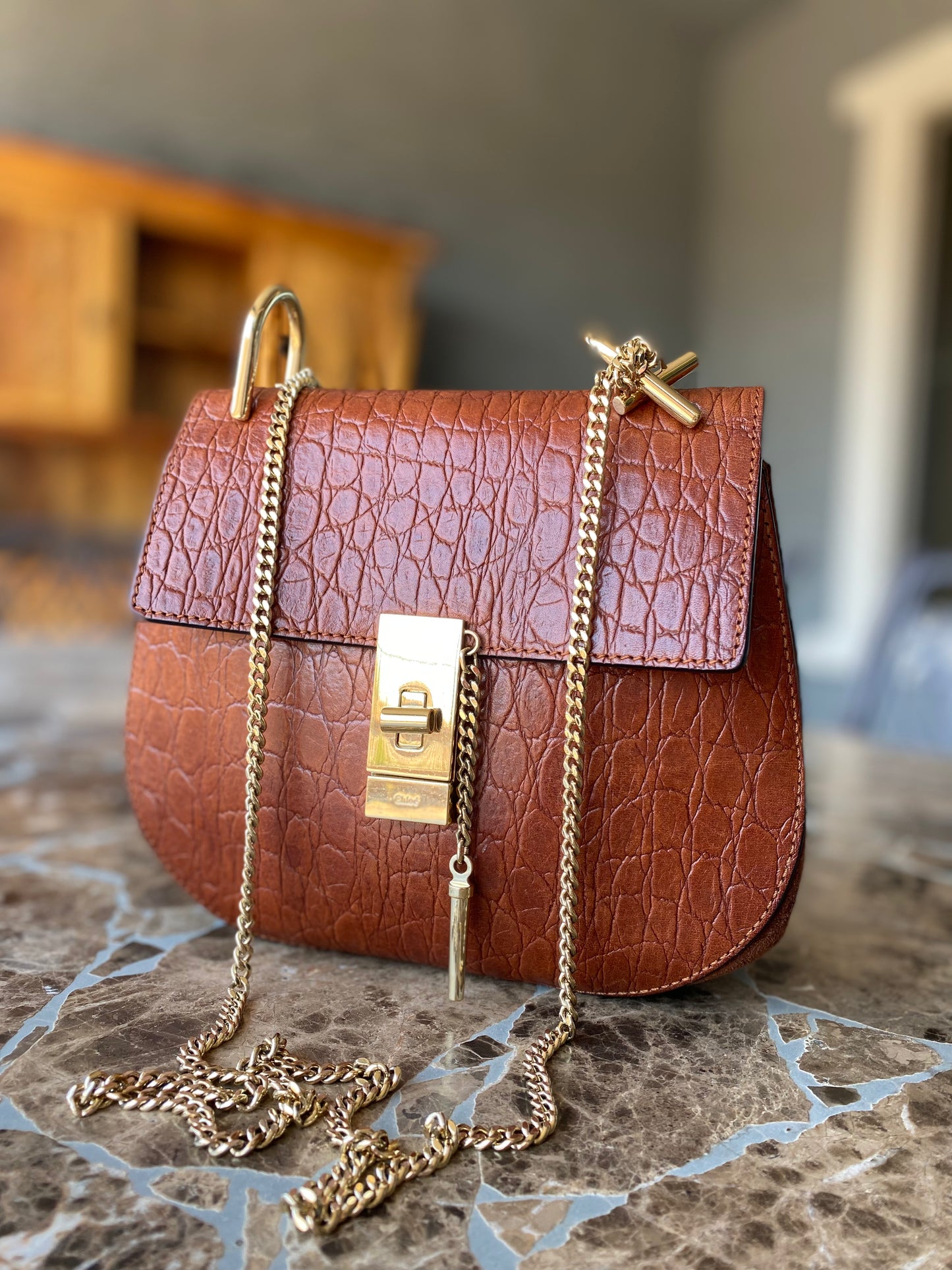 Chloe Drew Croc Embossed Leather Crossbody