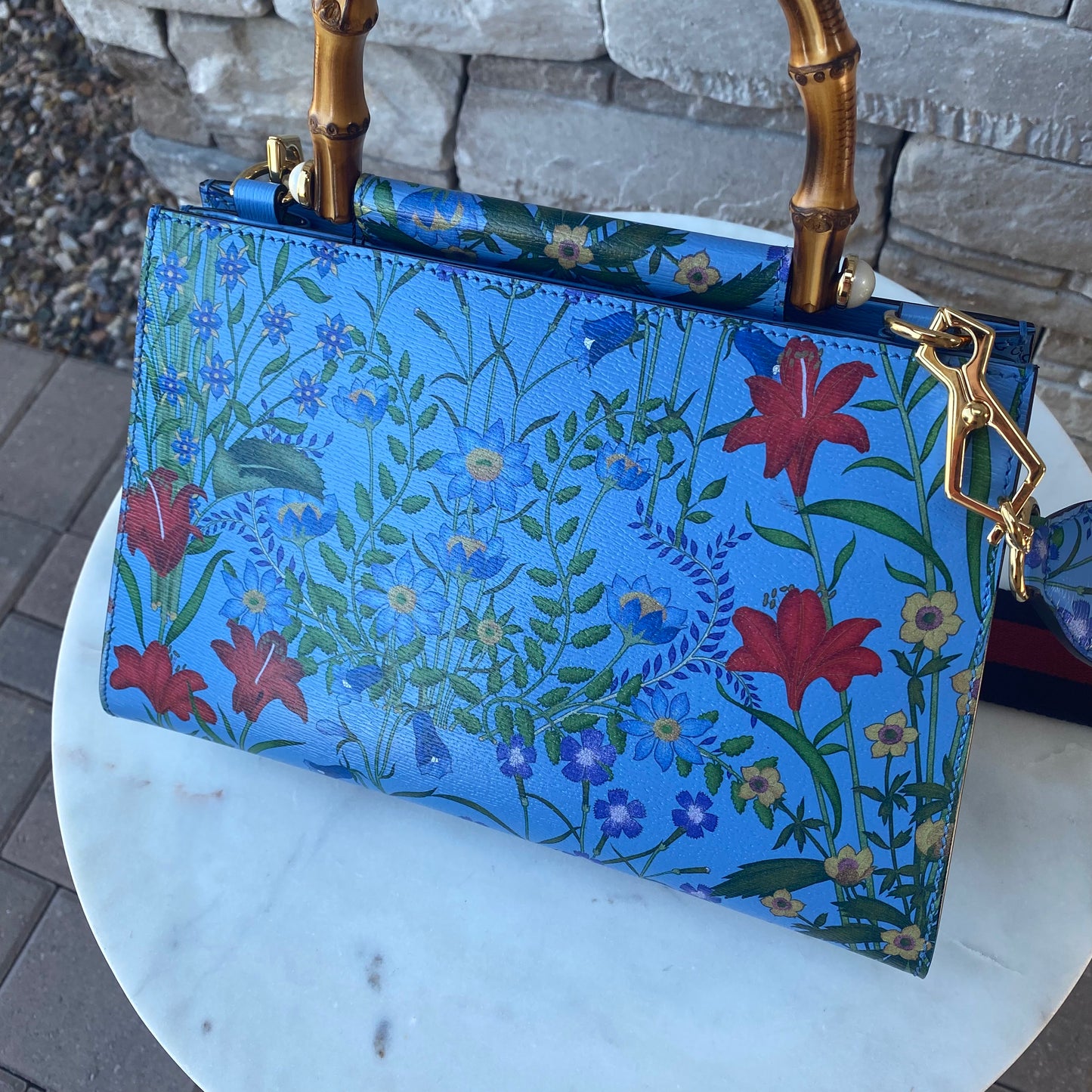 Gucci Nymphaea Top Handle Bag Floral Printed Leather Shoulder Bag