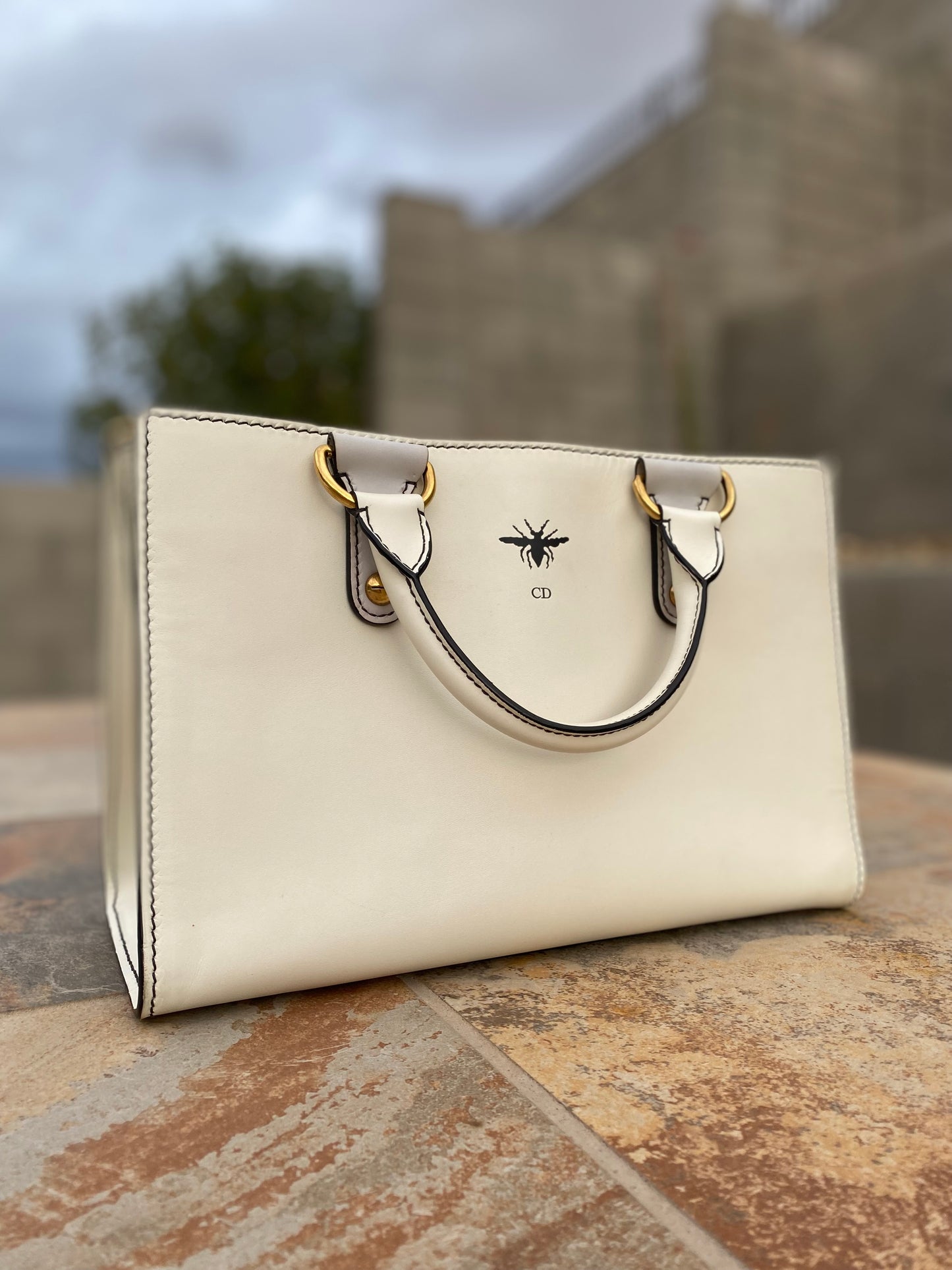 Christian Dior White Leather D-Bee Top Handle Bag