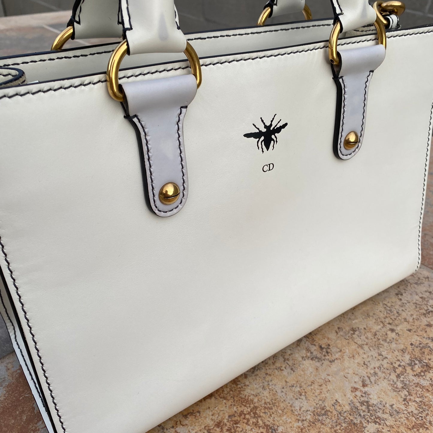 Christian Dior White Leather D-Bee Top Handle Bag