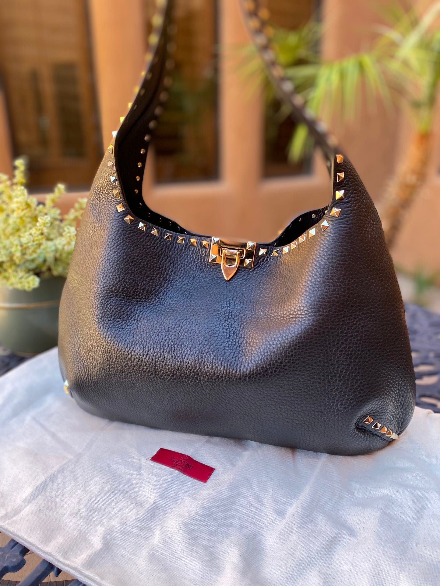 Valentino Garavani Large Rockstud Calf Leather Hobo
