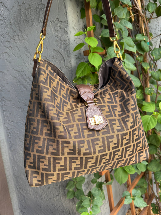 Fendi Turnlock Zucca Canvas Hobo Shoulder Bag