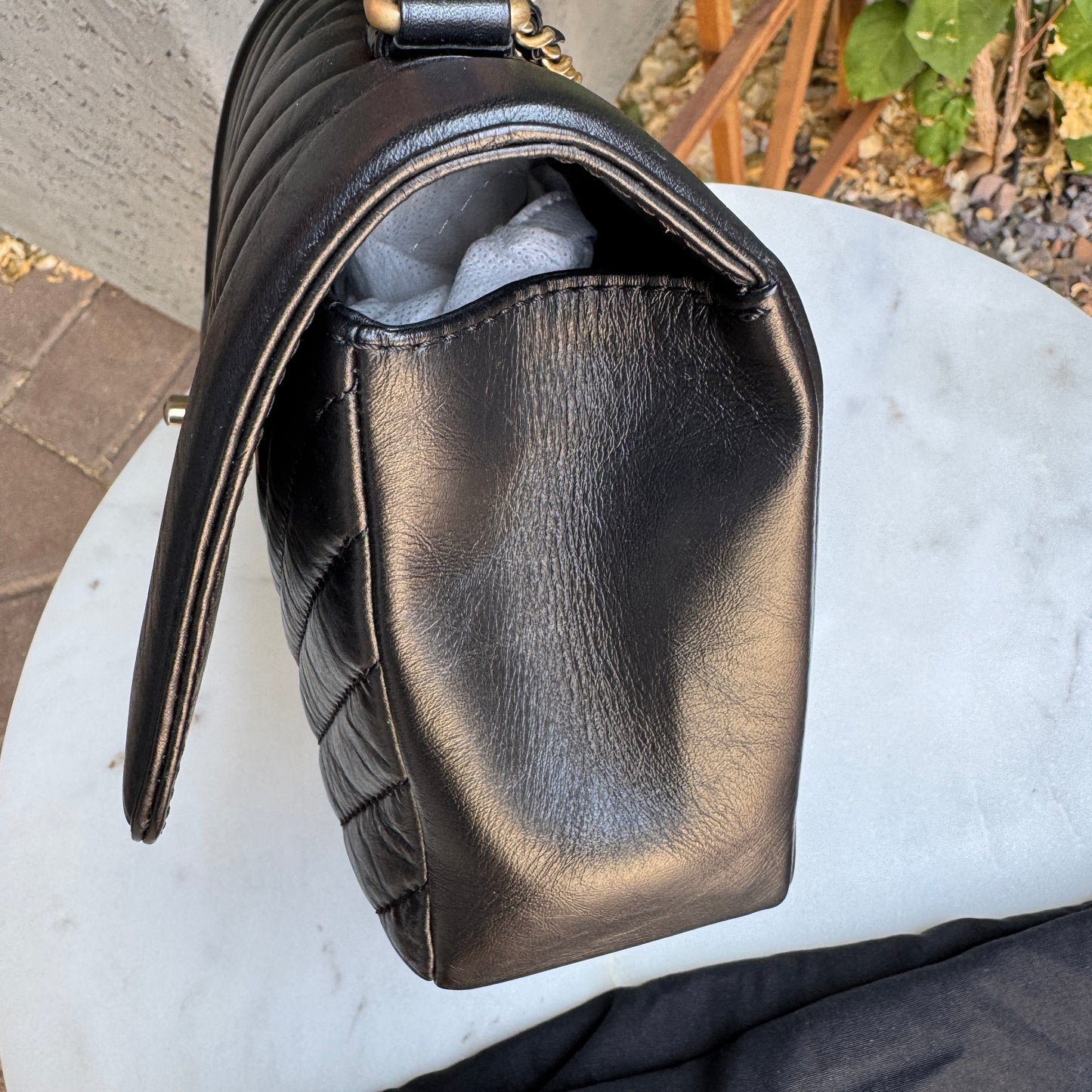 Chanel Calfskin Chevron Quilted Top Handle Flap Crossbody