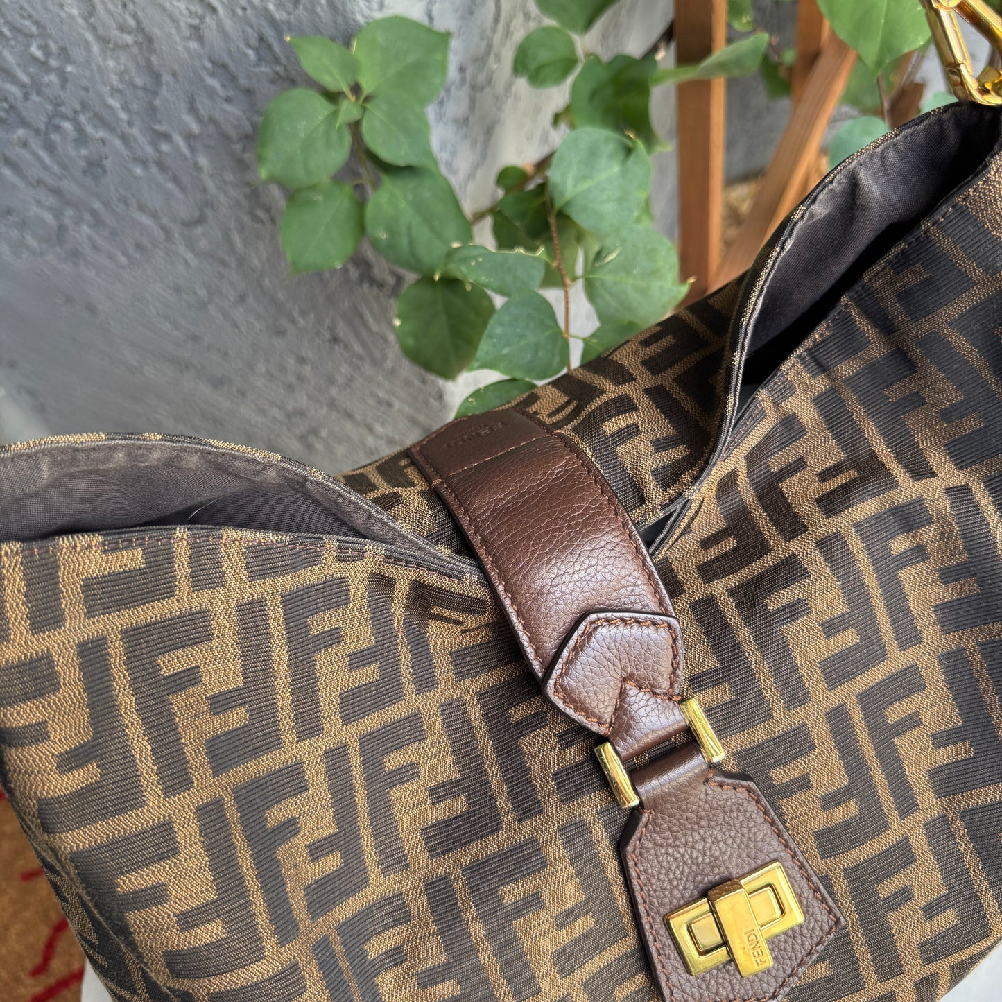 Fendi Turnlock Zucca Canvas Hobo Shoulder Bag