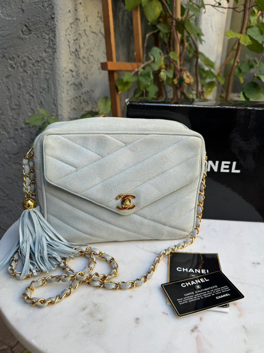 Chanel Vintage Suede Quilted Camera Shoulder Bag