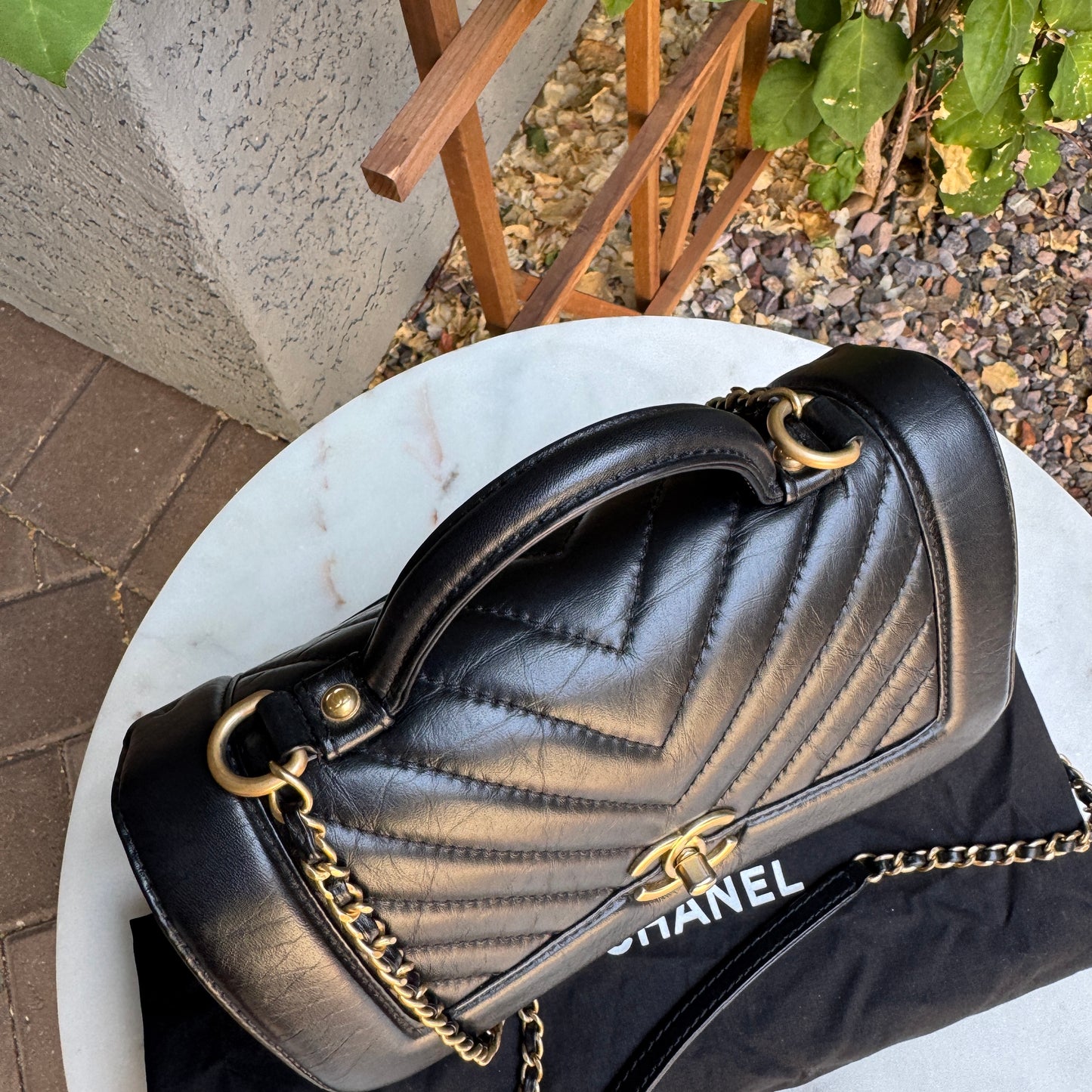 Chanel Calfskin Chevron Quilted Top Handle Flap Crossbody