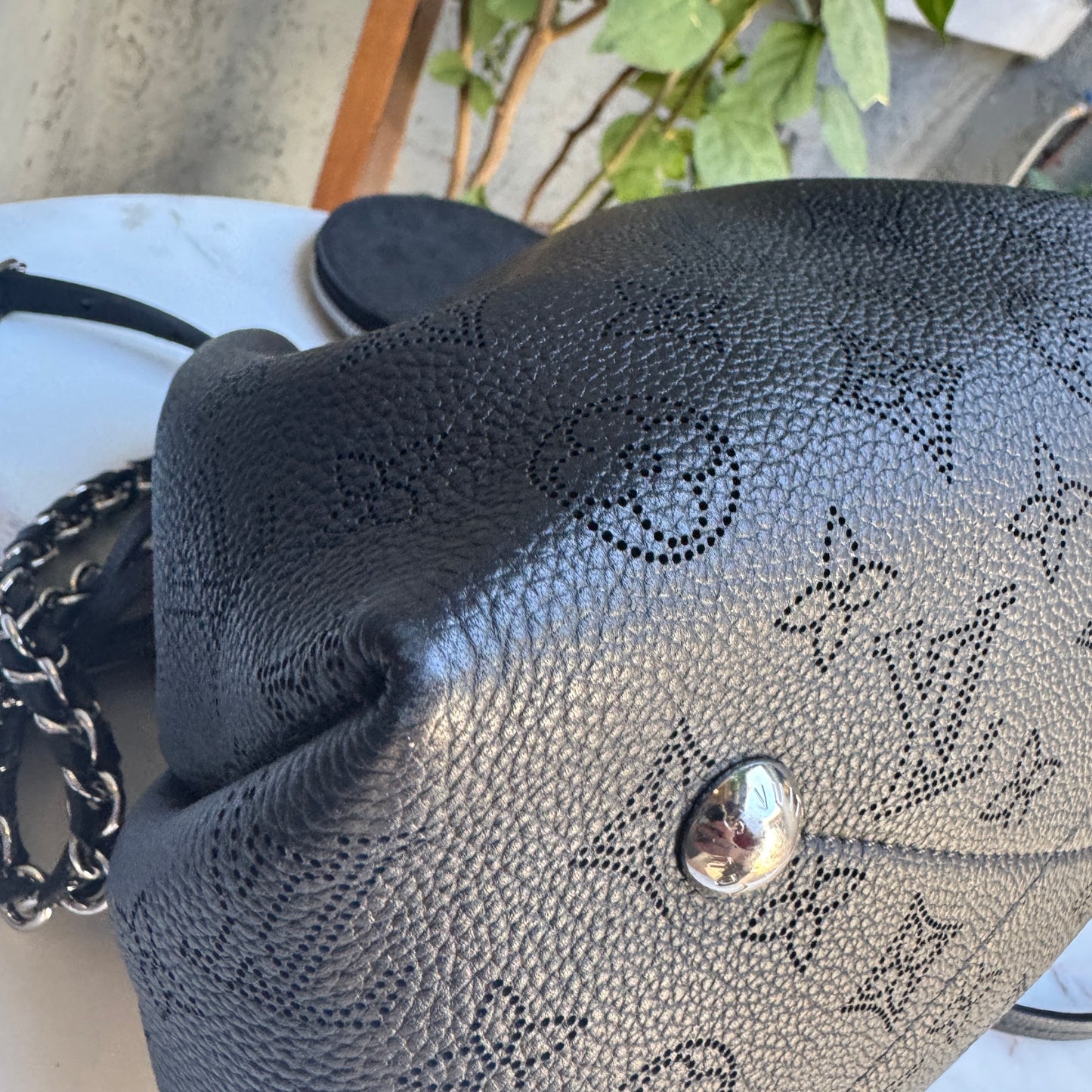 Louis Vuitton Mahina Leather Bella Drawstring Bucket Bag with Coin Pouch