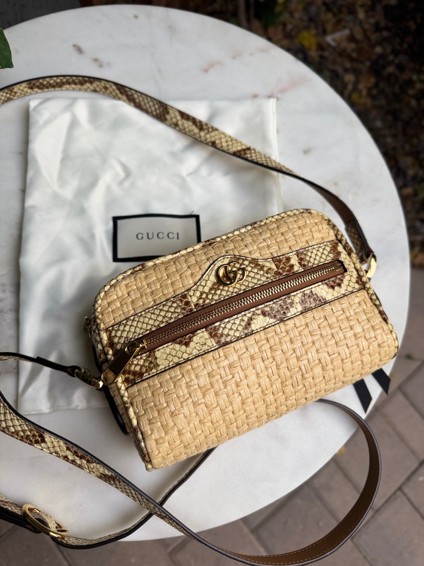 Gucci Ophidia Snakeskin Raffia Mini Crossbody