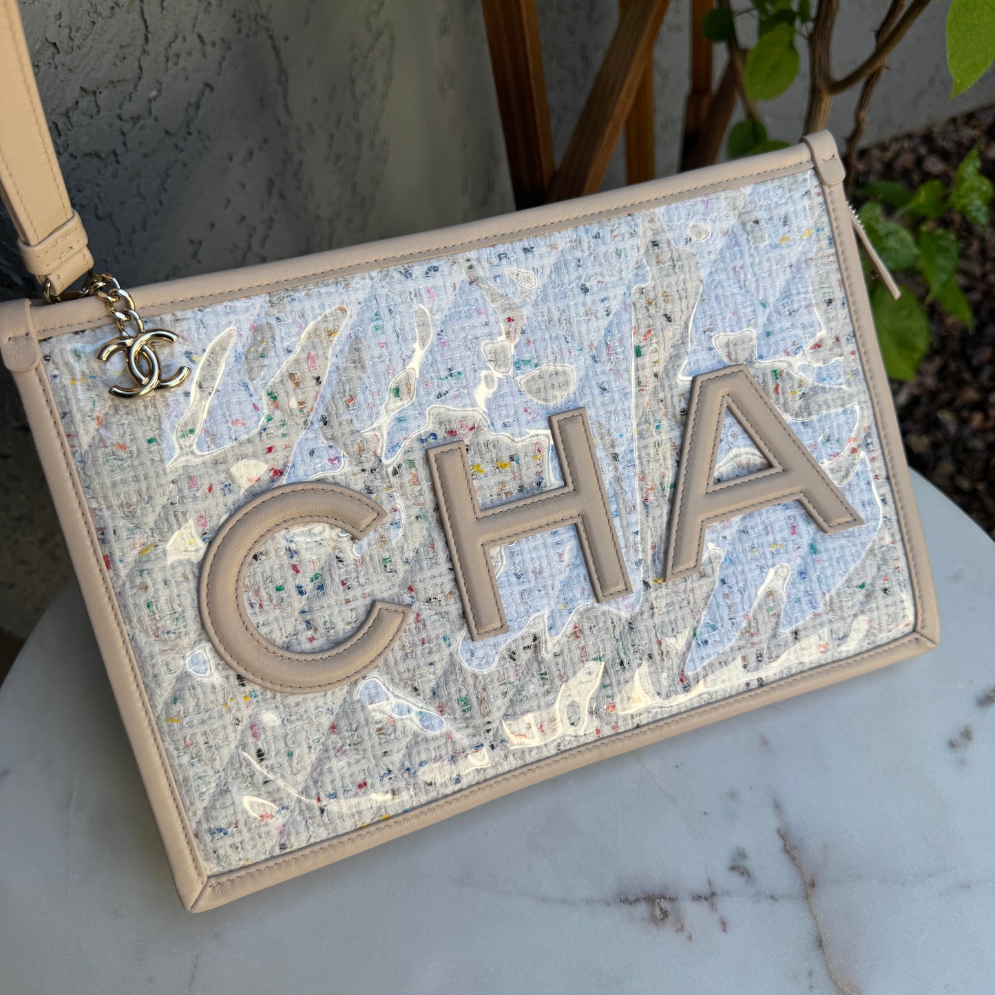 Chanel Tweed PVC Large Wristlet Clutch